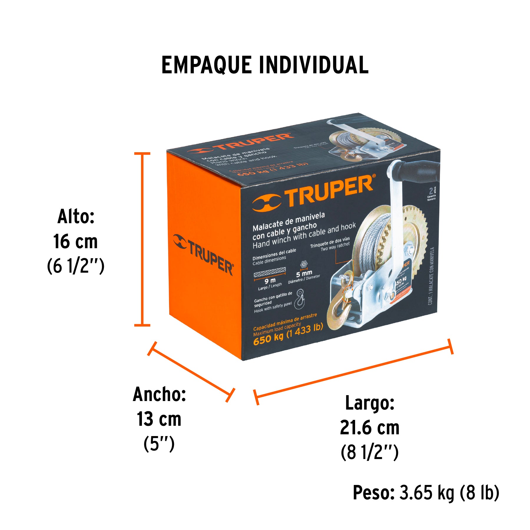 Malacate de manivela 650 kg con cable, TRUPER - Empaque