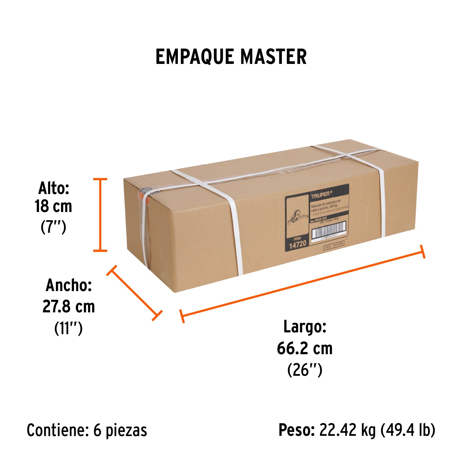 Malacate de manivela 650 kg con cable, TRUPER - Empaque