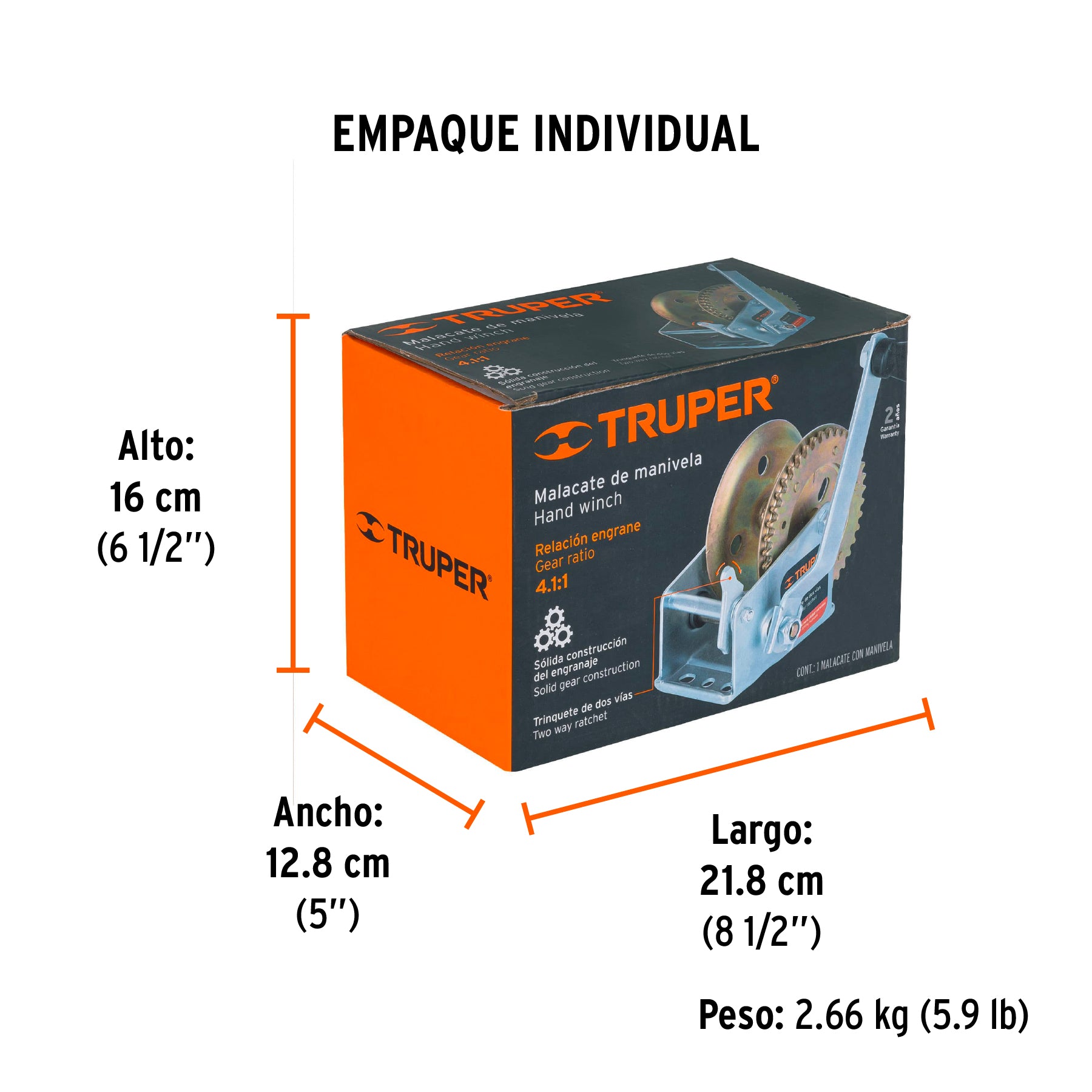 Malacate de manivela 540 kg sin cable, TRUPER - Empaque
