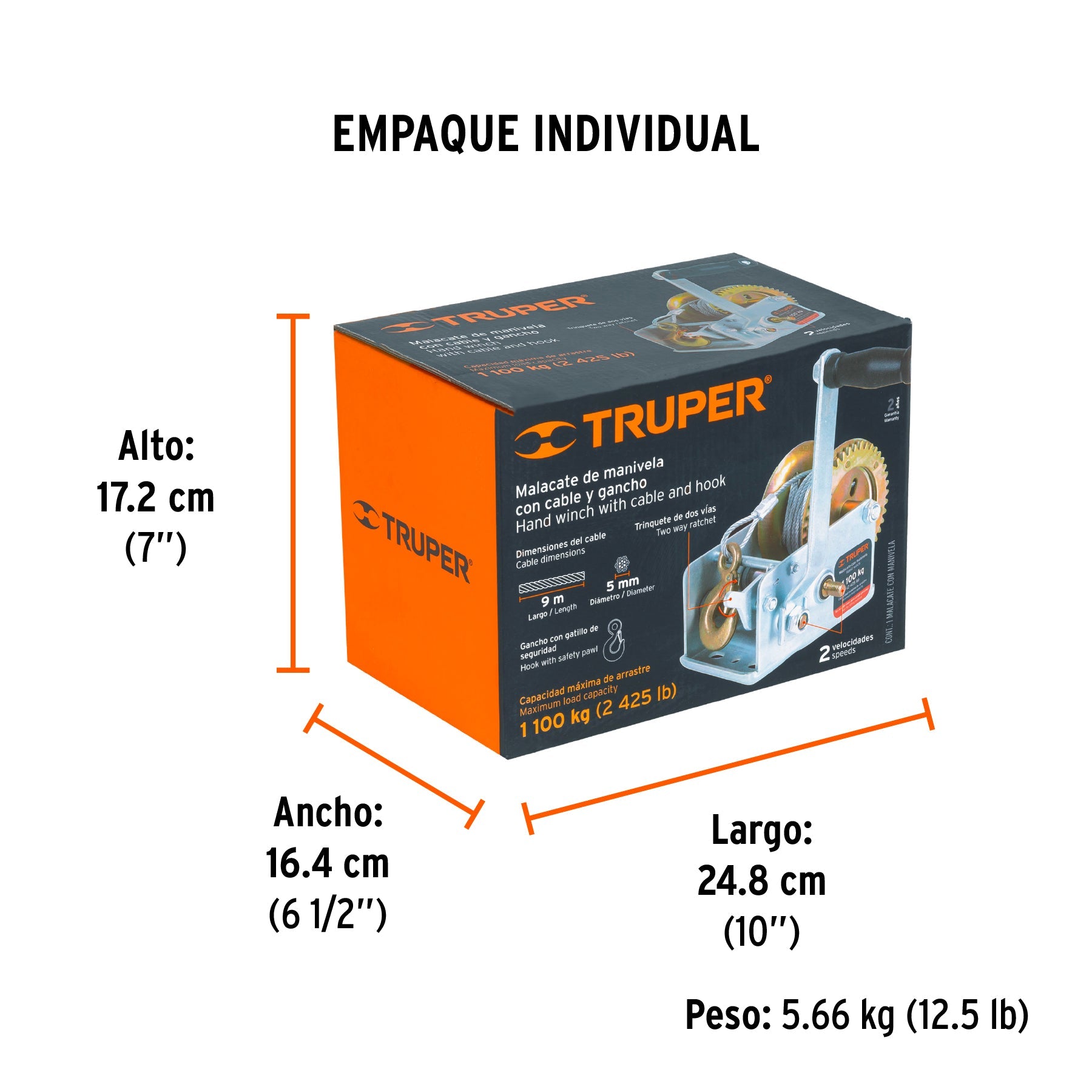 Malacate de manivela 1100 kg con cable, TRUPER - Empaque