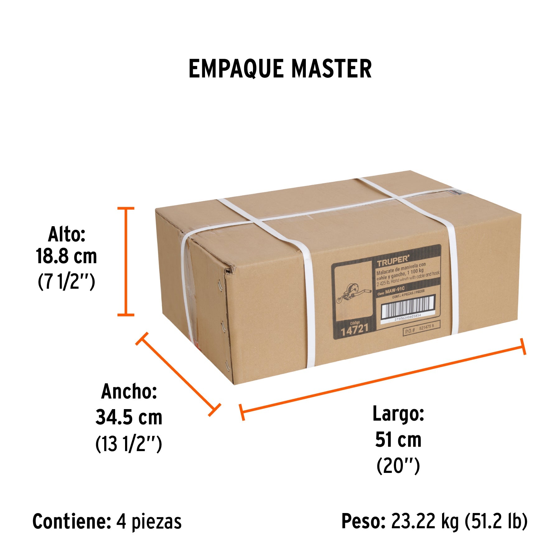 Malacate de manivela 1100 kg con cable, TRUPER - Empaque