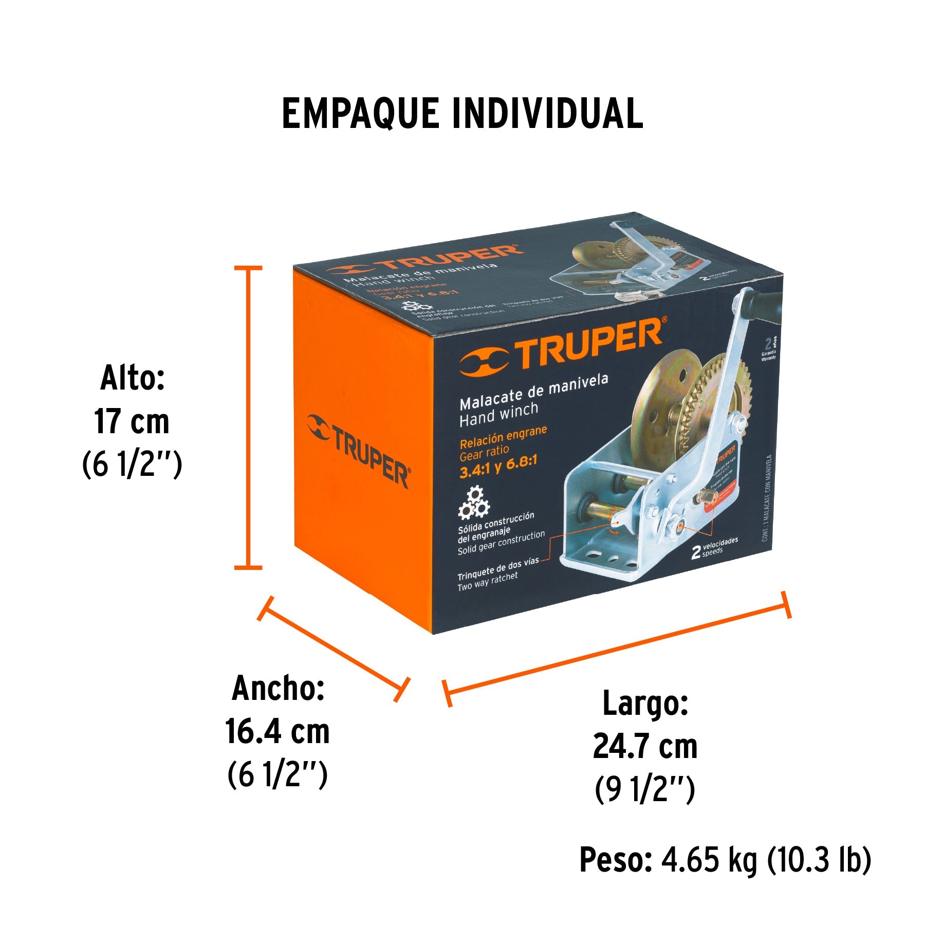 Malacate de manivela 910 kg sin cable, TRUPER - Empaque