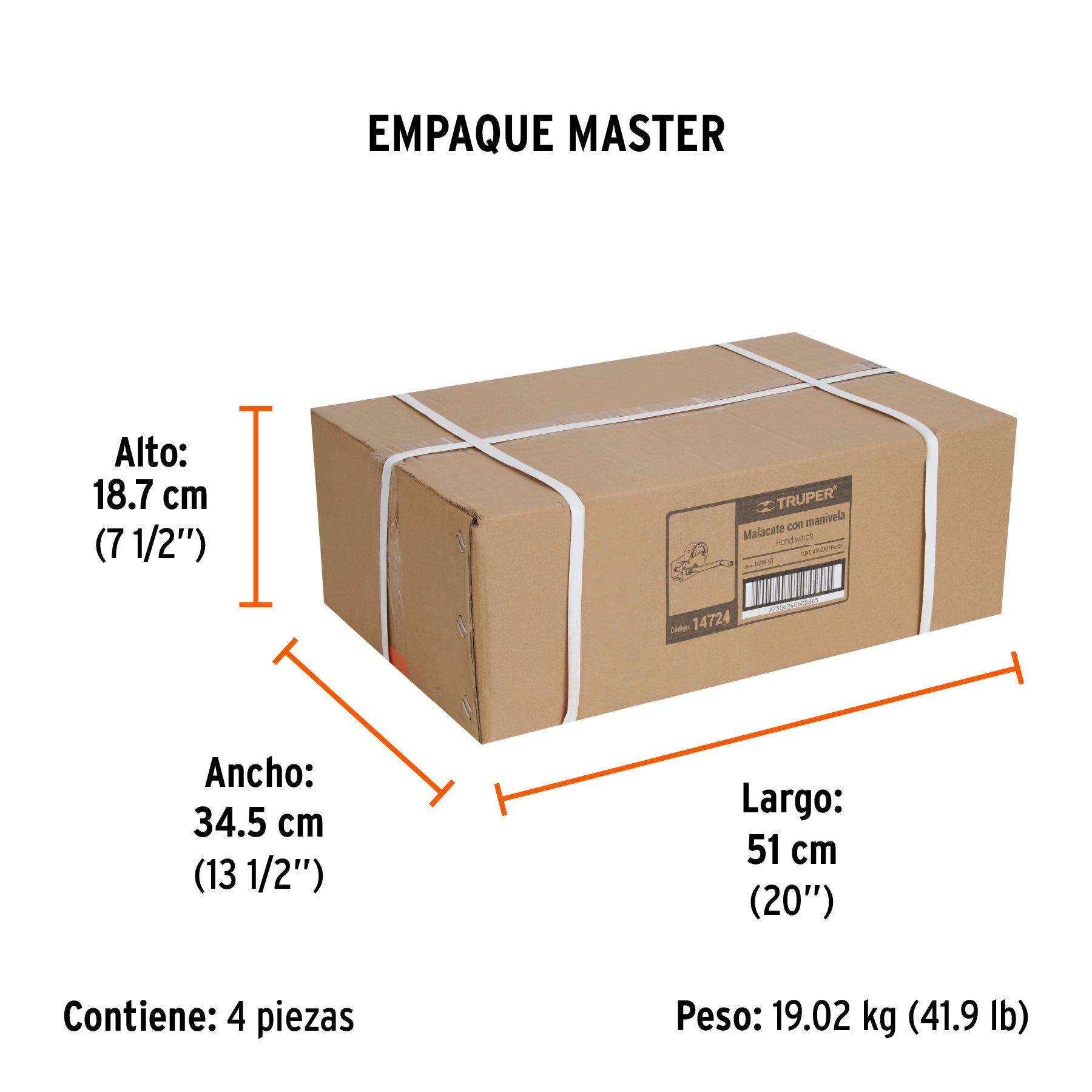 Malacate de manivela 910 kg sin cable, TRUPER - Empaque