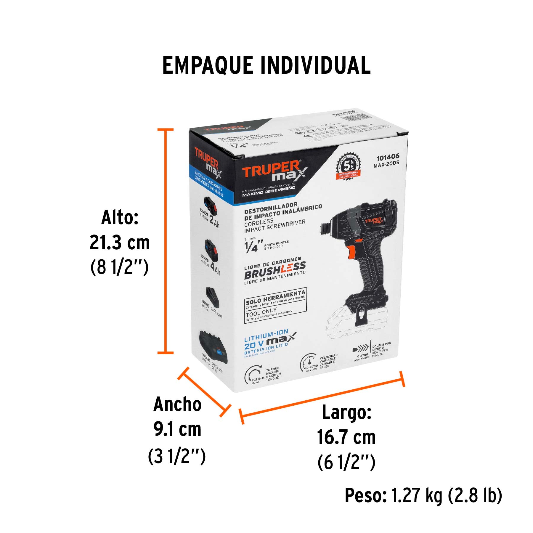 Destornillador de impacto, 20V, sin accesorios, MAX - Empaque