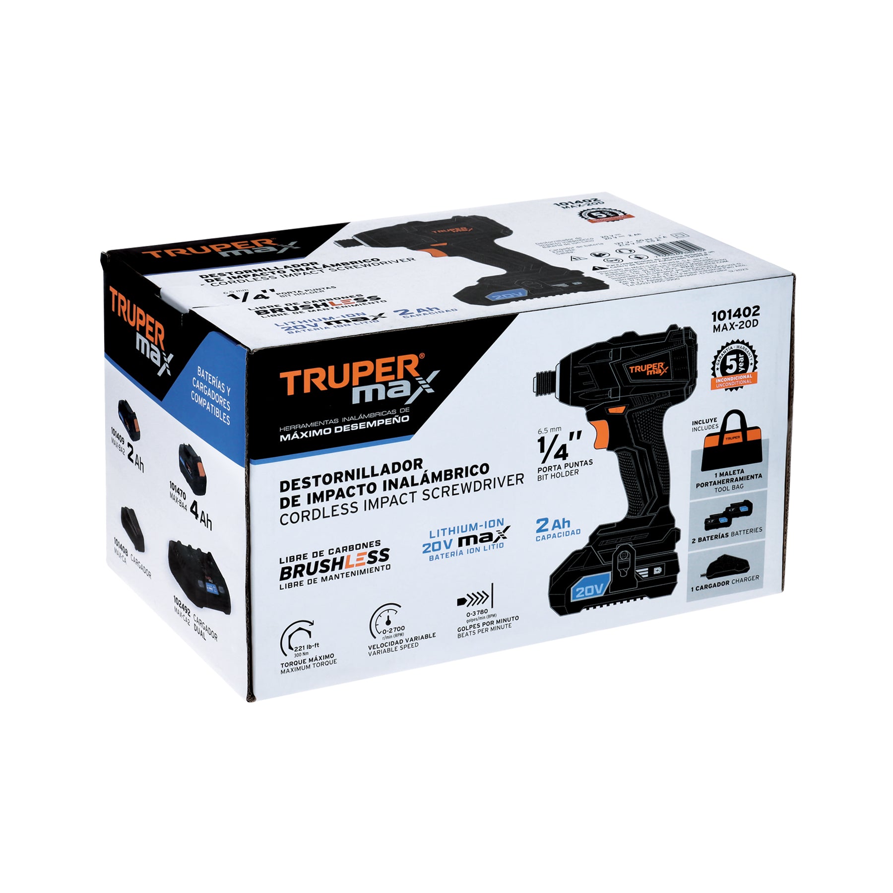 Destornillador de impacto, 20V, 2 baterías 2Ah, MAX