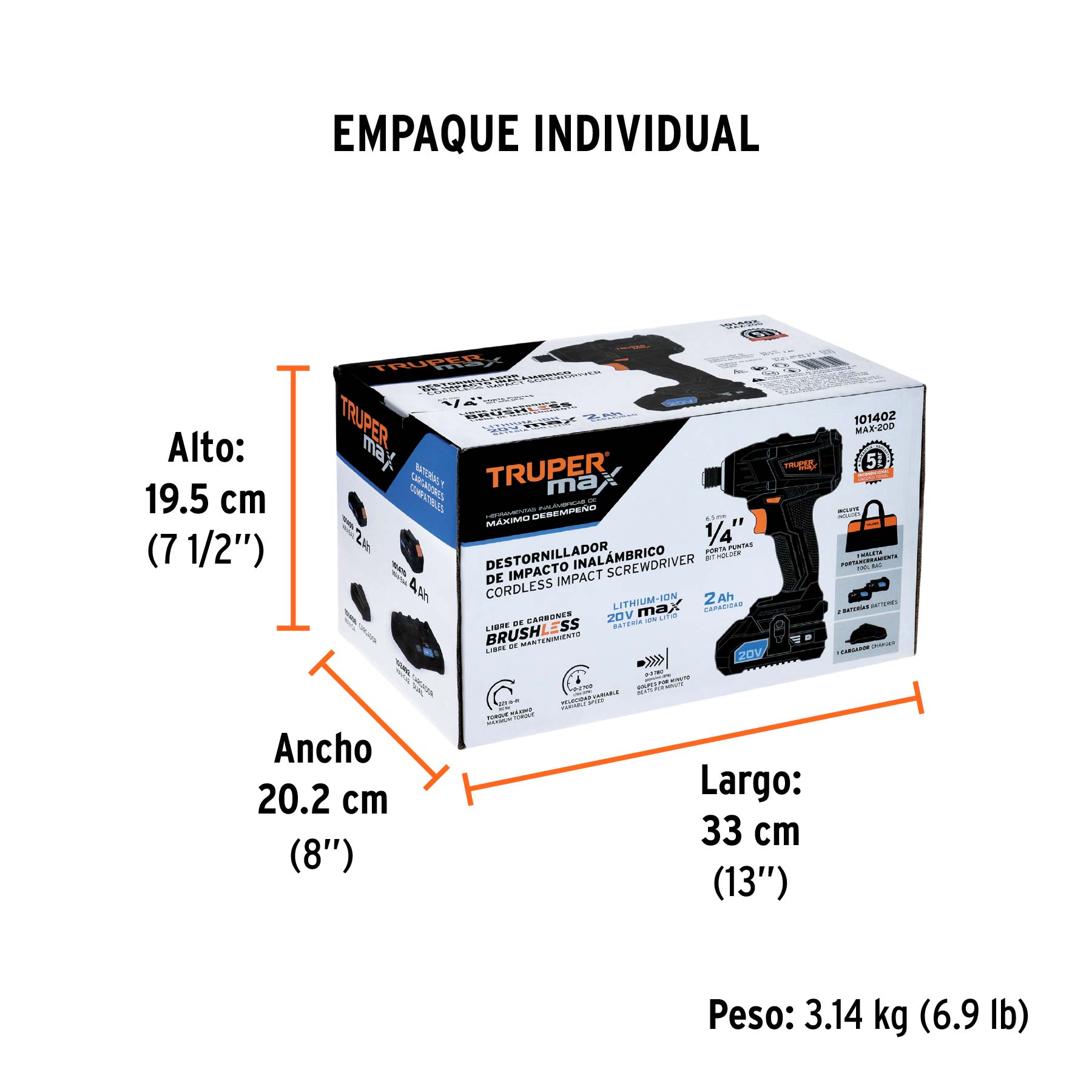 Destornillador de impacto, 20V, 2 baterías 2Ah, MAX - Empaque