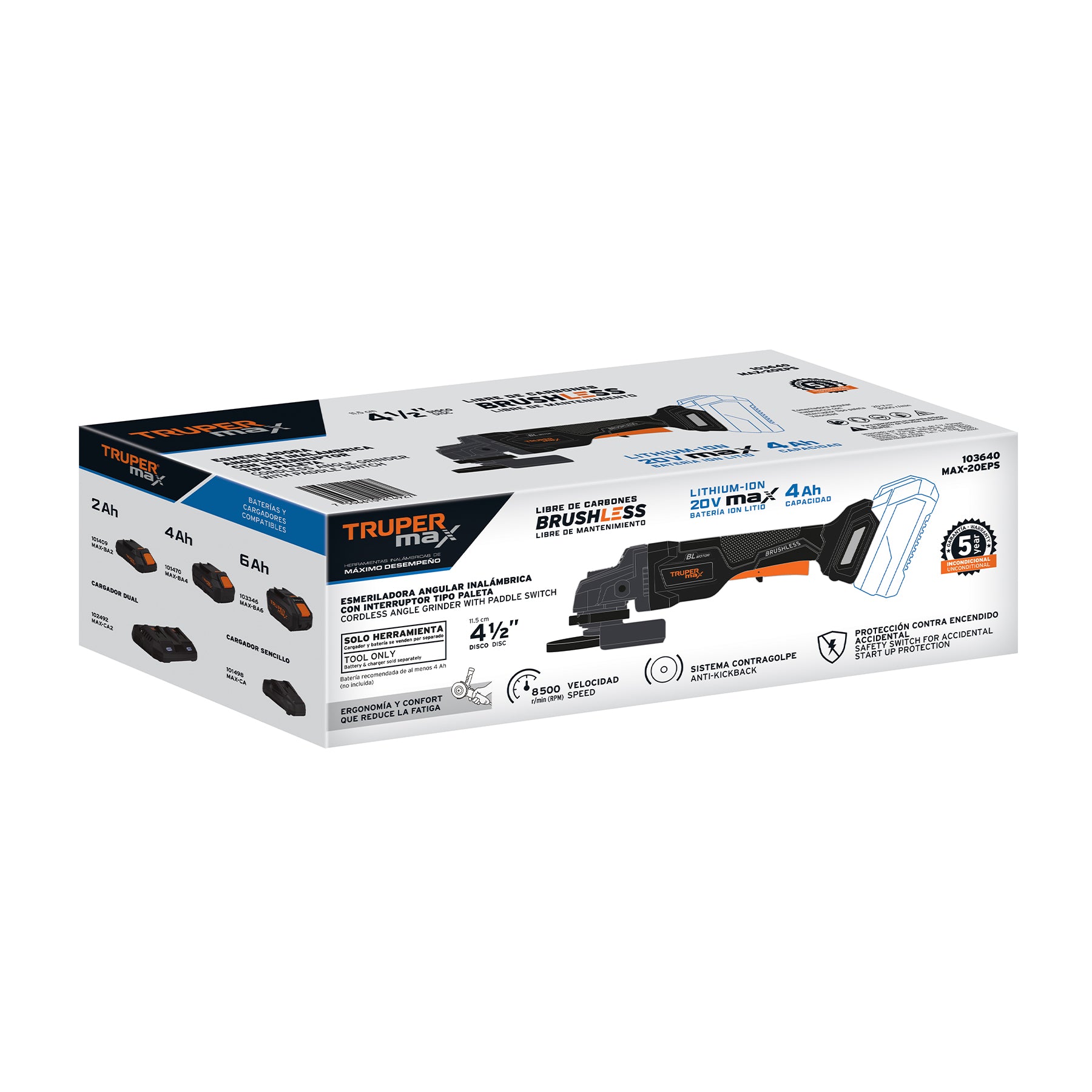 Esmeriladora 4-1/2" 20V, int. paleta, s/accesorios, MAX