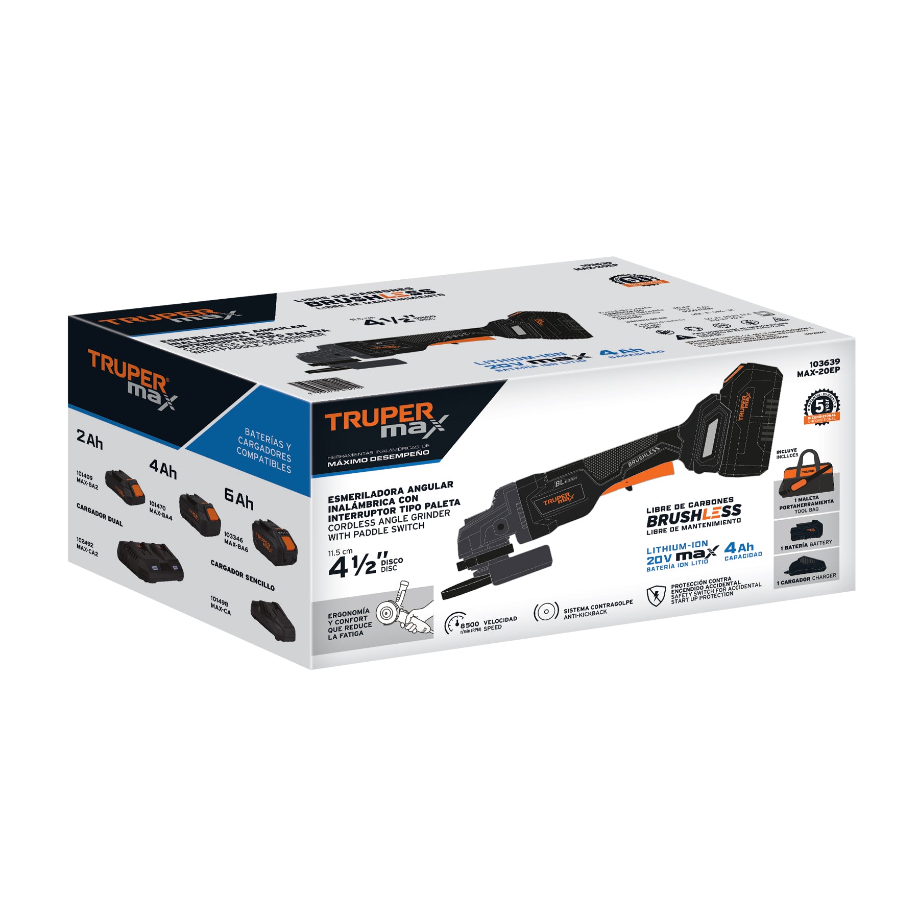 Esmeriladora 4-1/2", 20V, int. paleta, 1 batería 4Ah, MAX