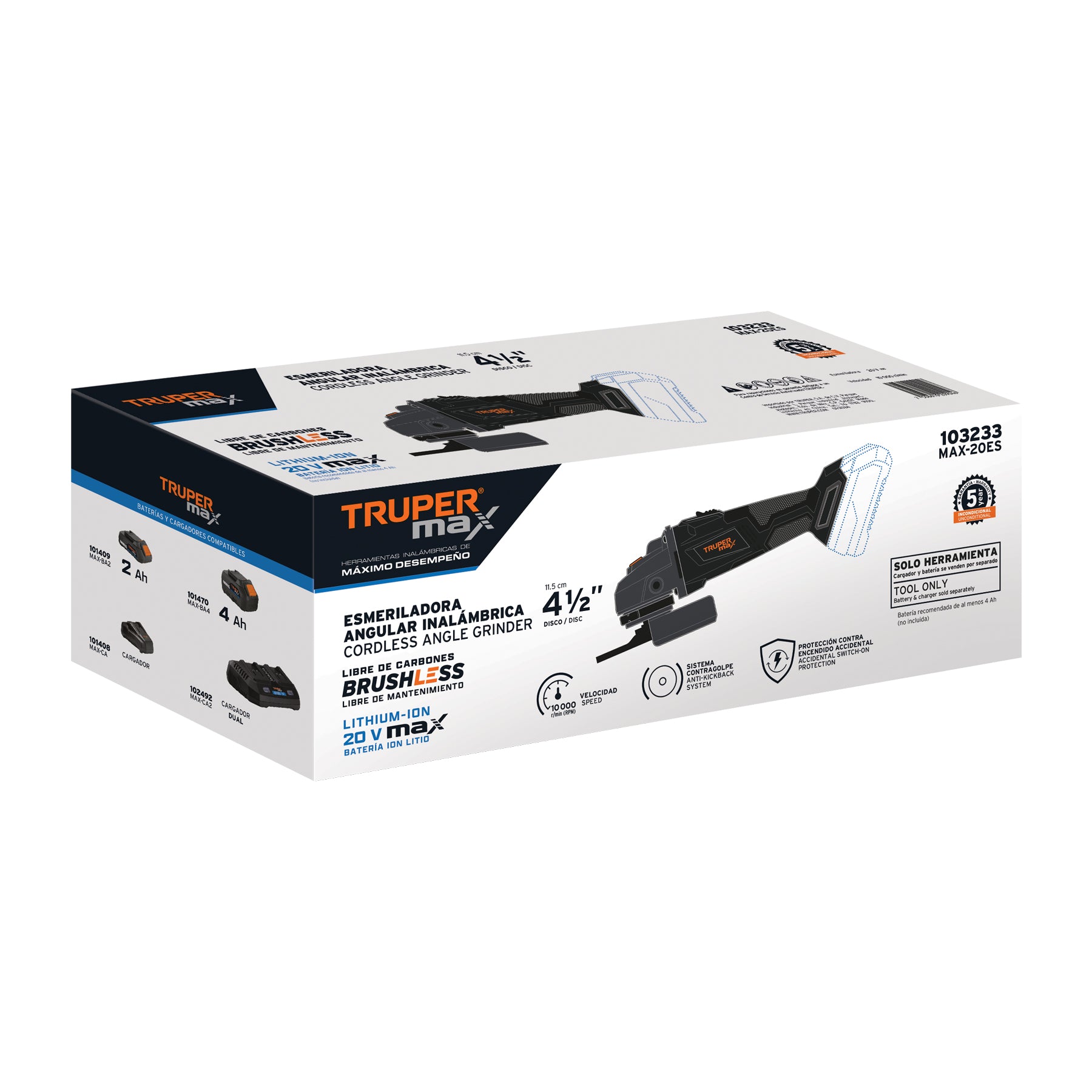 Esmeriladora 4-1/2", 20V, s/accesorios, TRUPER MAX