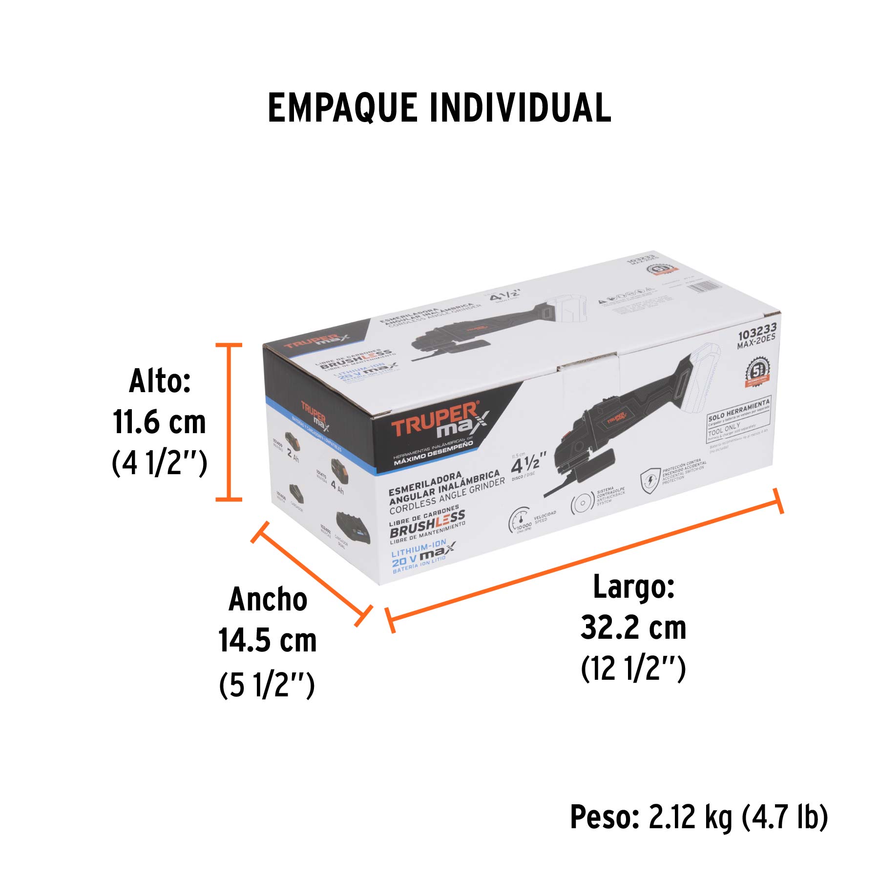Esmeriladora 4-1/2", 20V, s/accesorios, TRUPER MAX - Empaque