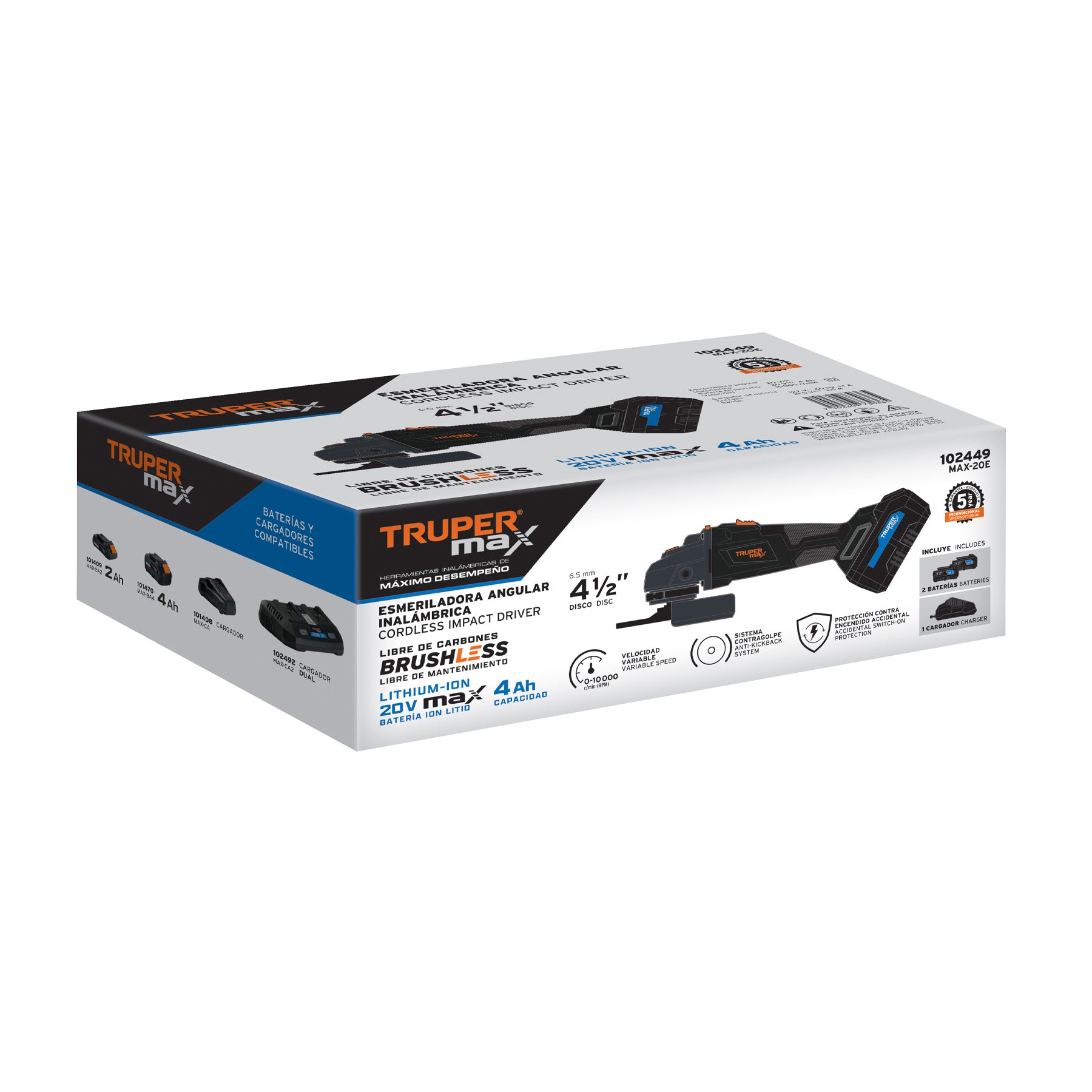 Esmeriladora 4-1/2", 20V, 1 batería 4Ah, MAX