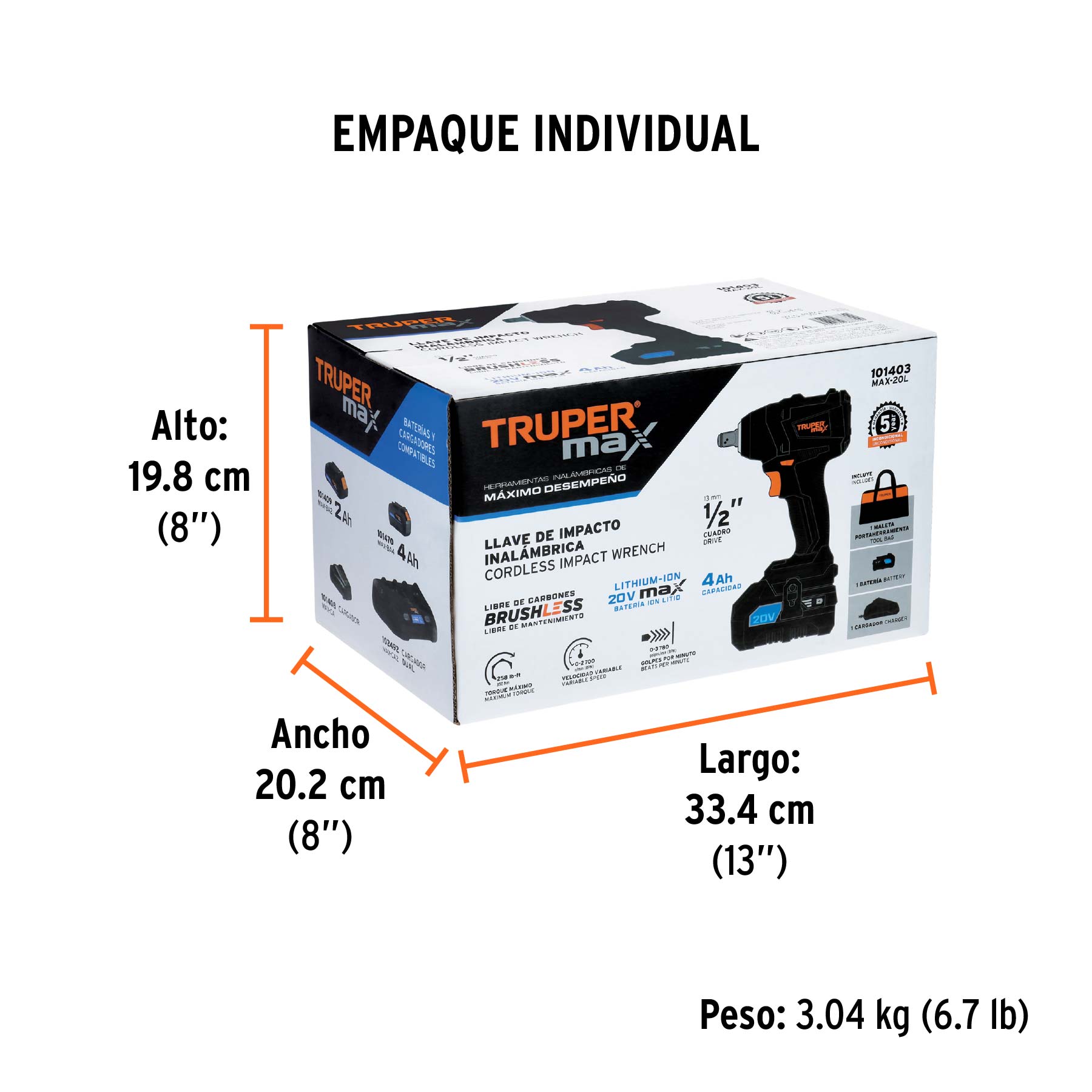 Llave de impacto 1/2", 20V, 155 lb/ft, 1 batería 4Ah, MAX - Empaque
