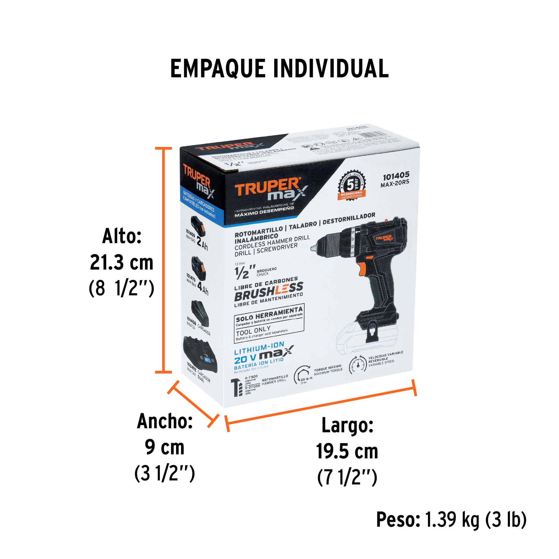 Rotomartillo 1/2", 20V, sin accesorios, MAX - Empaque