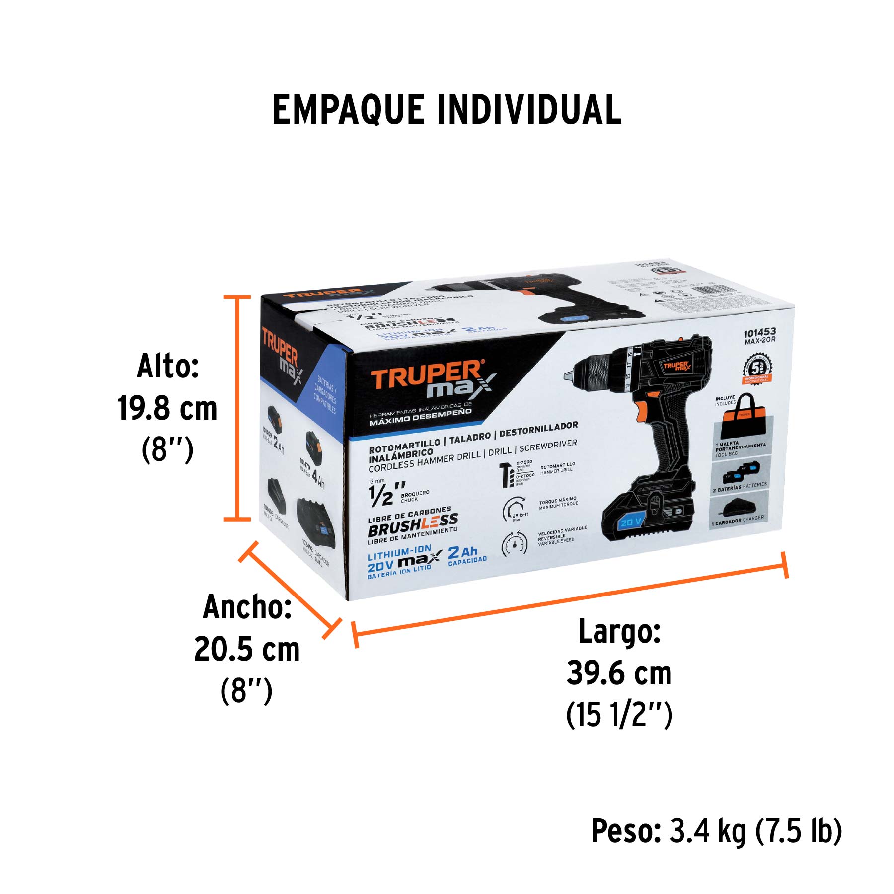 Rotomartillo 1/2", 20V, 2 baterías 2Ah, MAX - Empaque