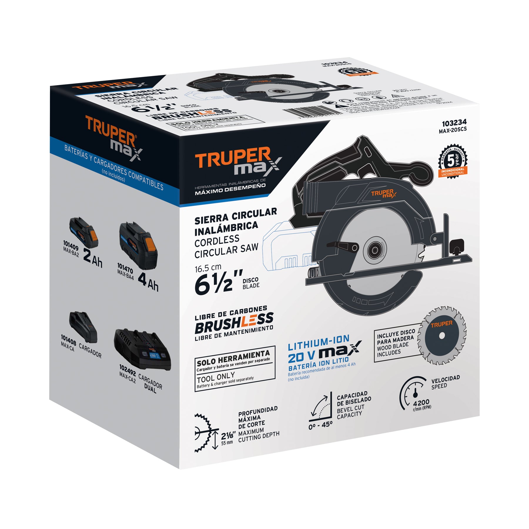 Sierra circular 6-1/2", 20V, s/accesorios, TRUPER MAX