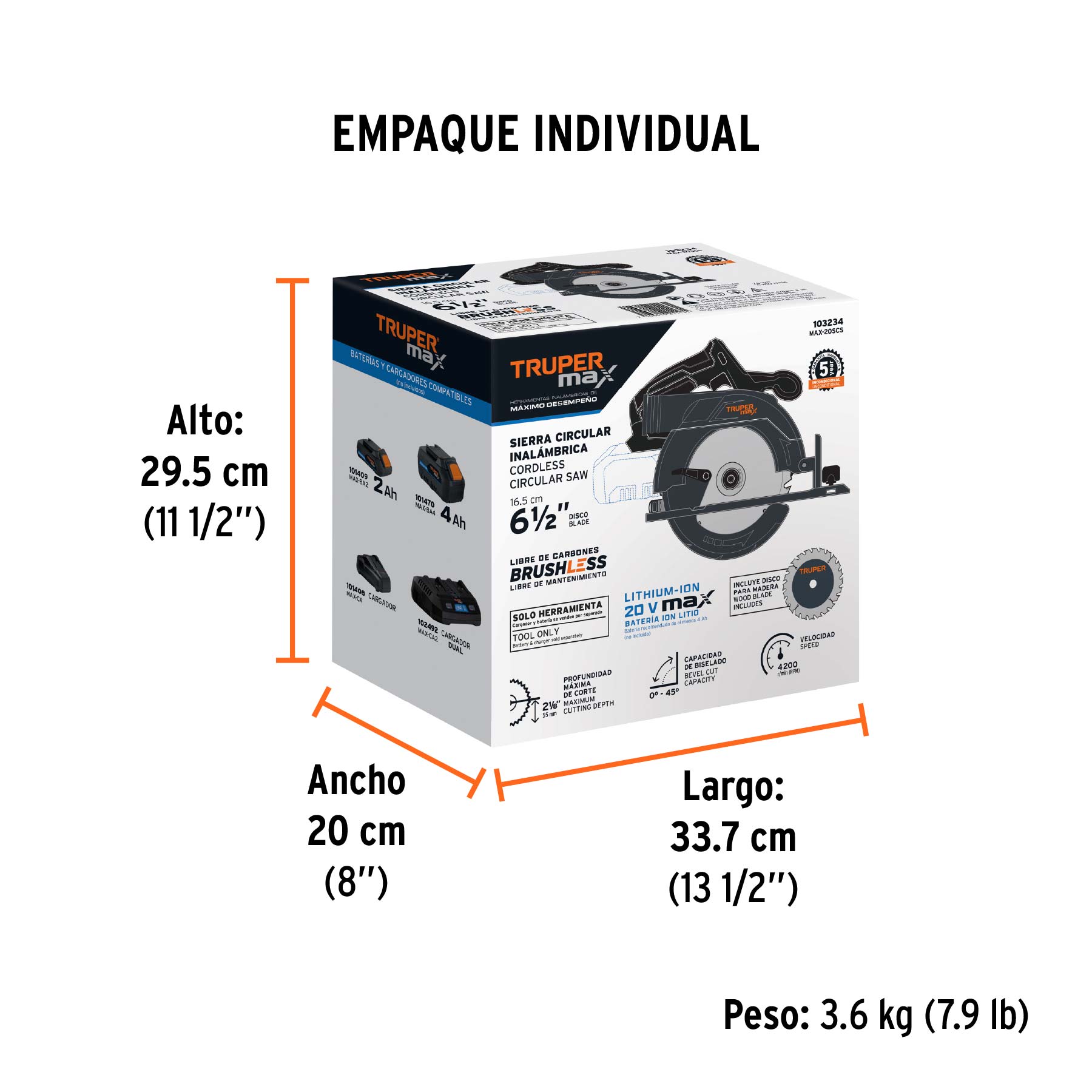 Sierra circular 6-1/2", 20V, s/accesorios, TRUPER MAX - Empaque
