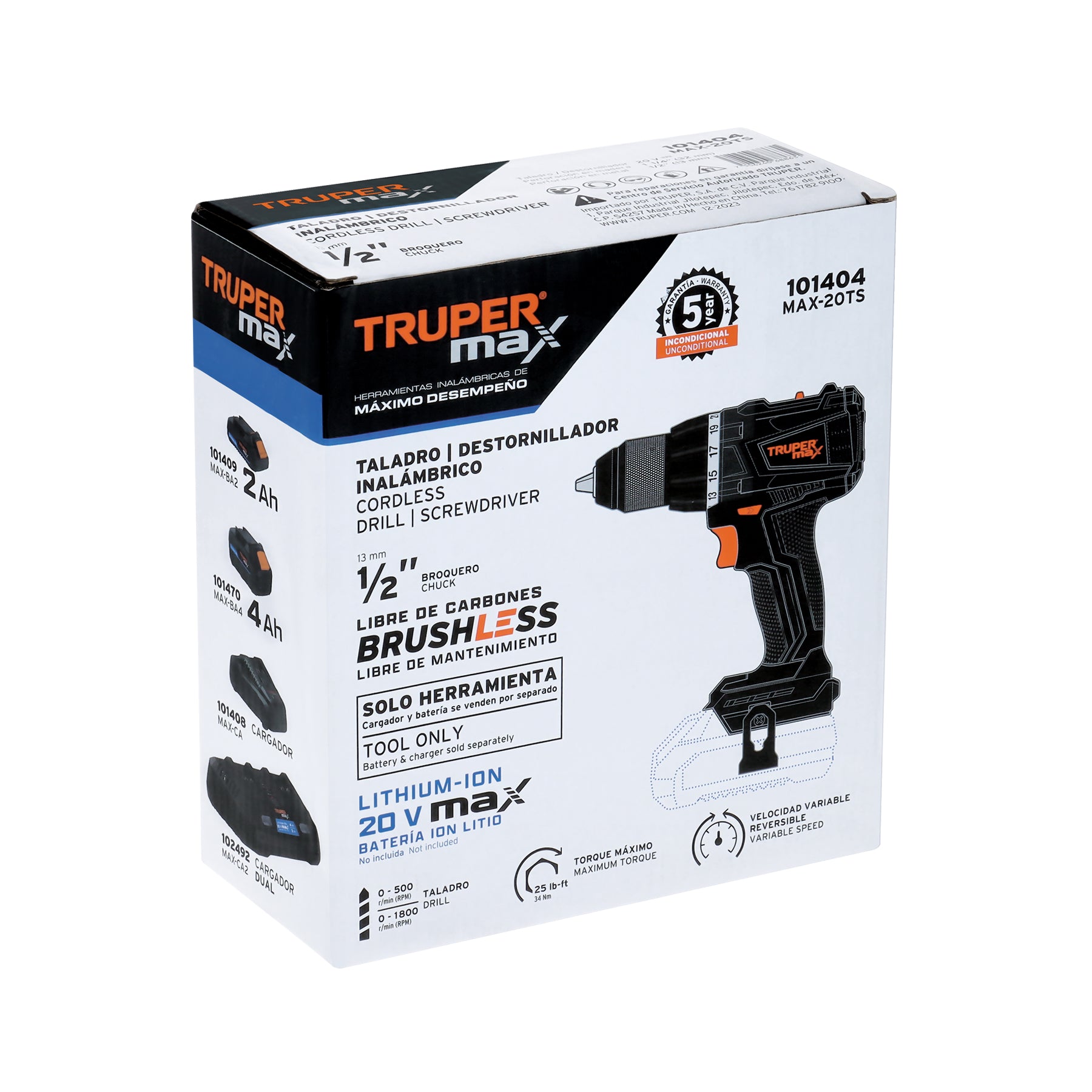 Taladro 1/2", 20V, sin accesorios, MAX