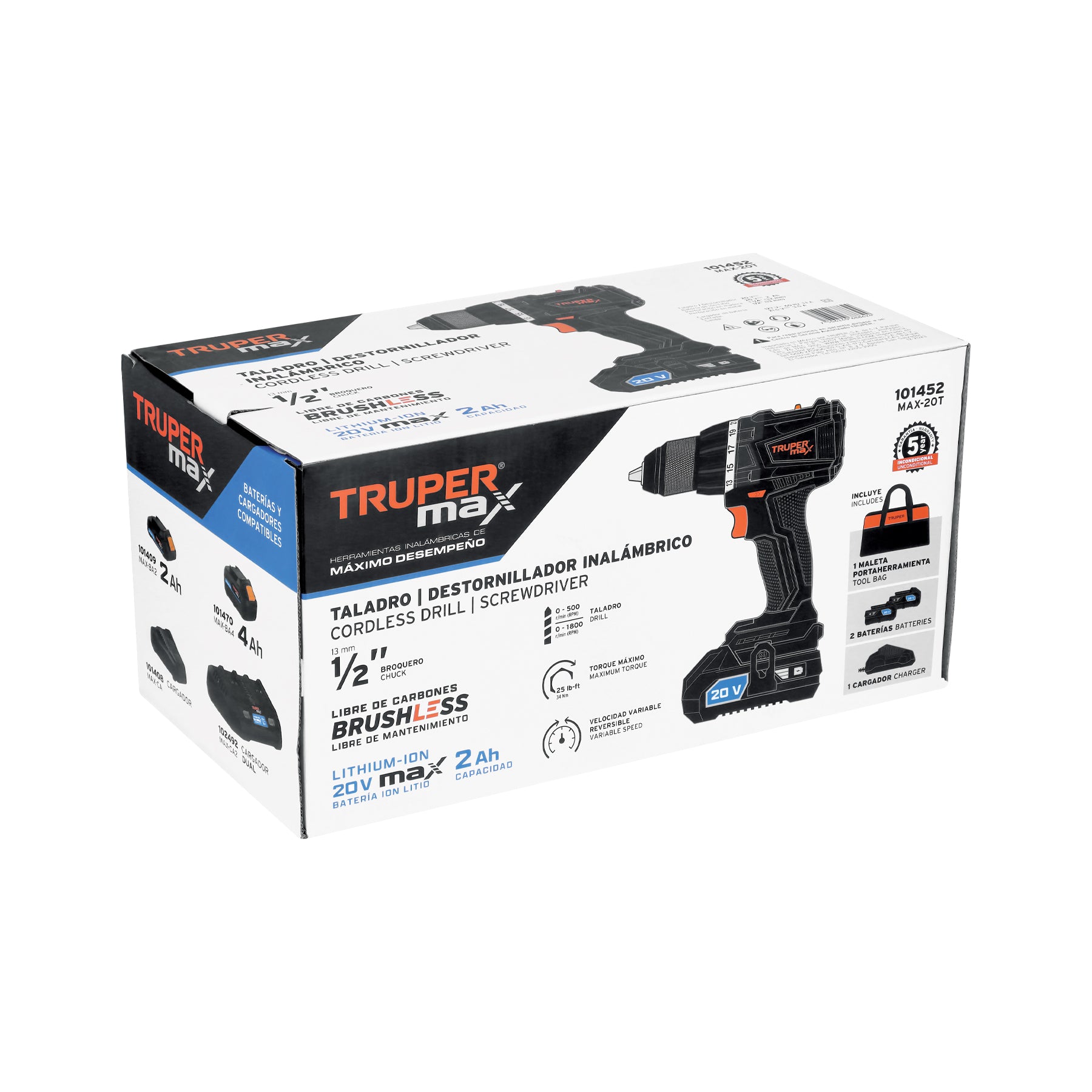 Taladro 1/2", 20V, 2 baterías 2Ah, MAX