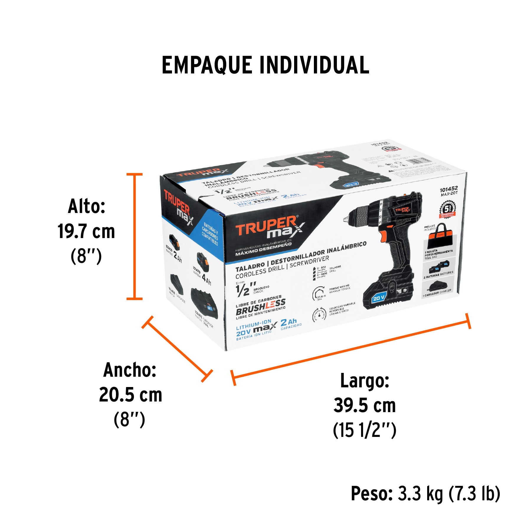 Taladro 1/2", 20V, 2 baterías 2Ah, MAX - Empaque