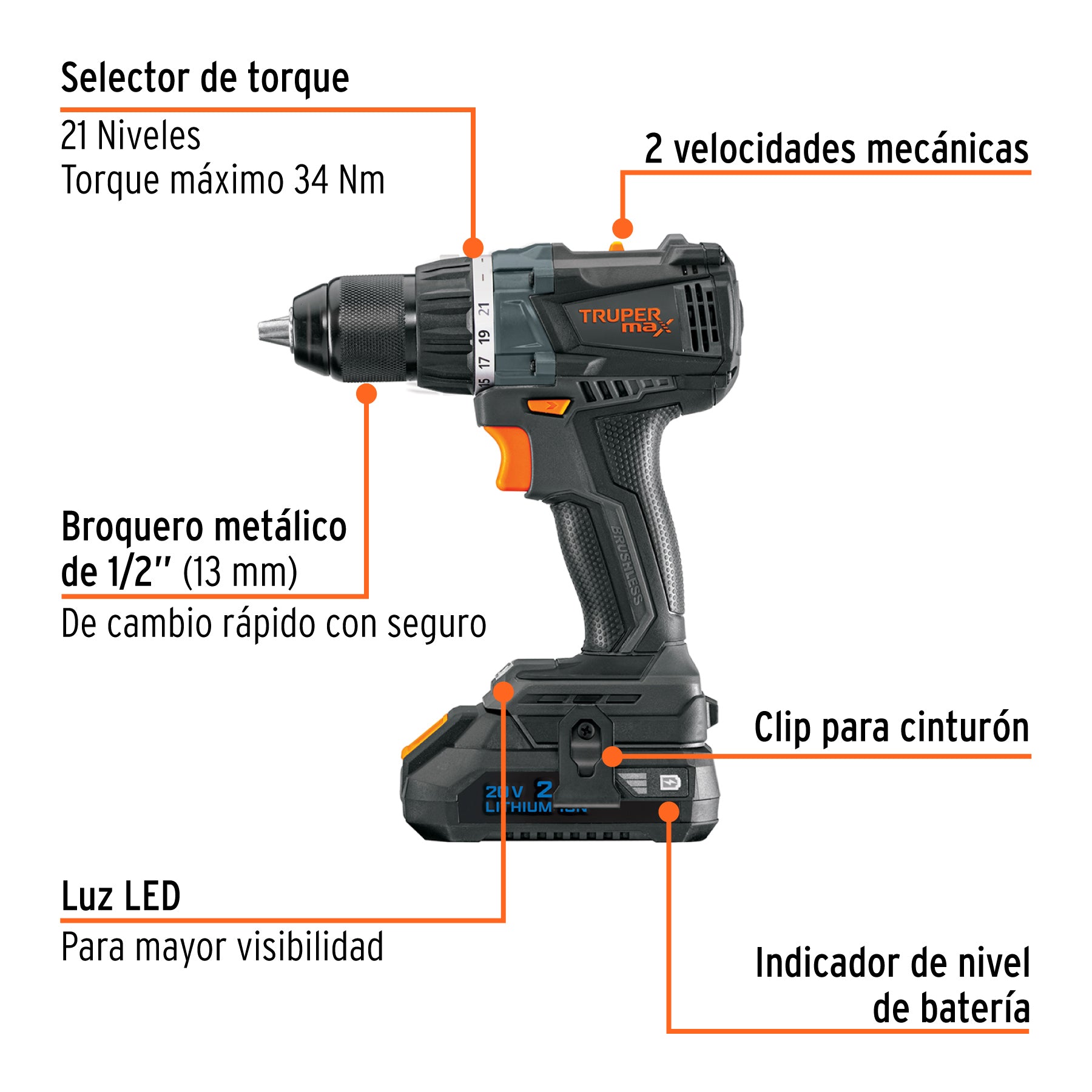 Taladro 1/2", 20V, 2 baterías 2Ah, MAX