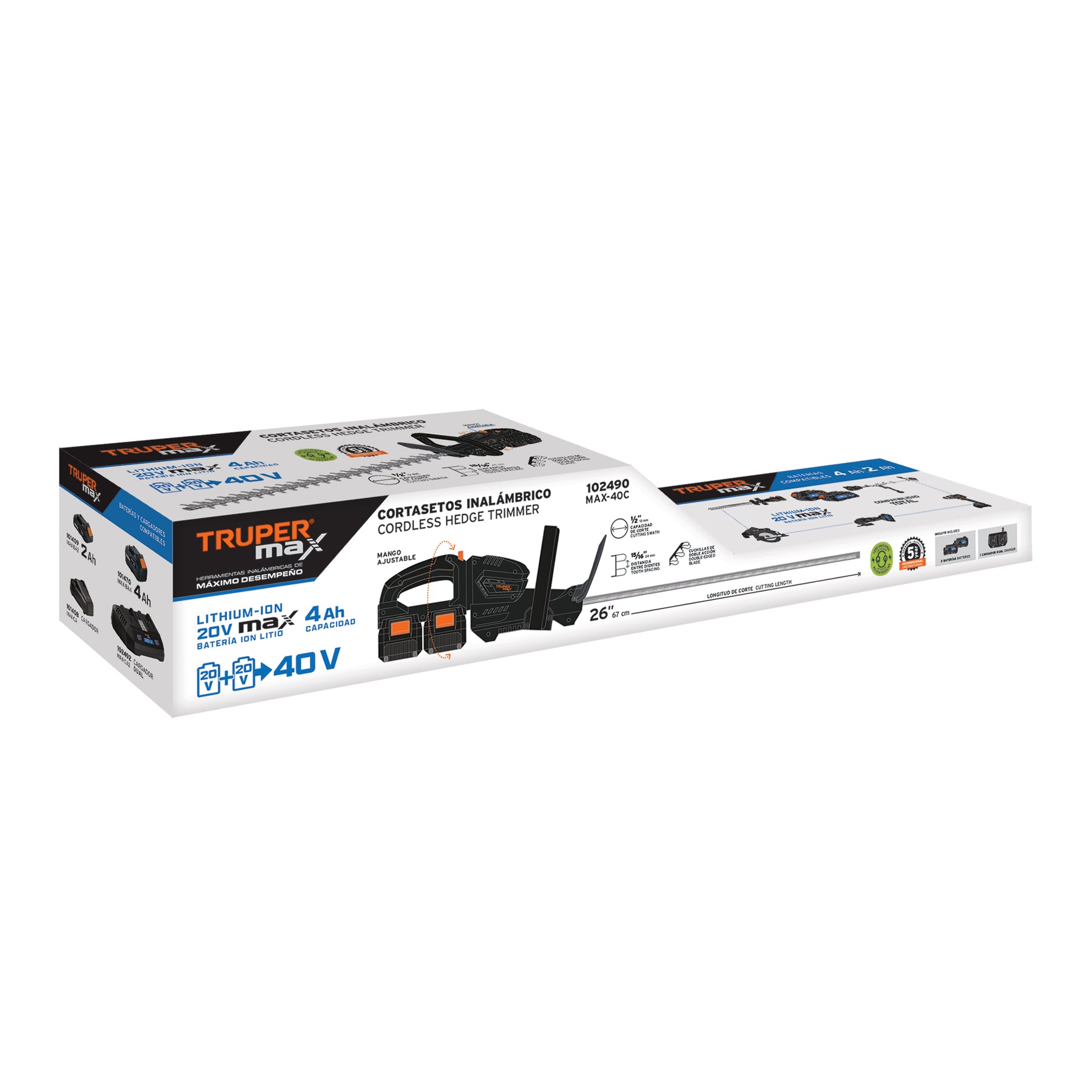 Cortasetos inalámbrico 40V, 2 baterías 4Ah, 1 carg.dual, MAX