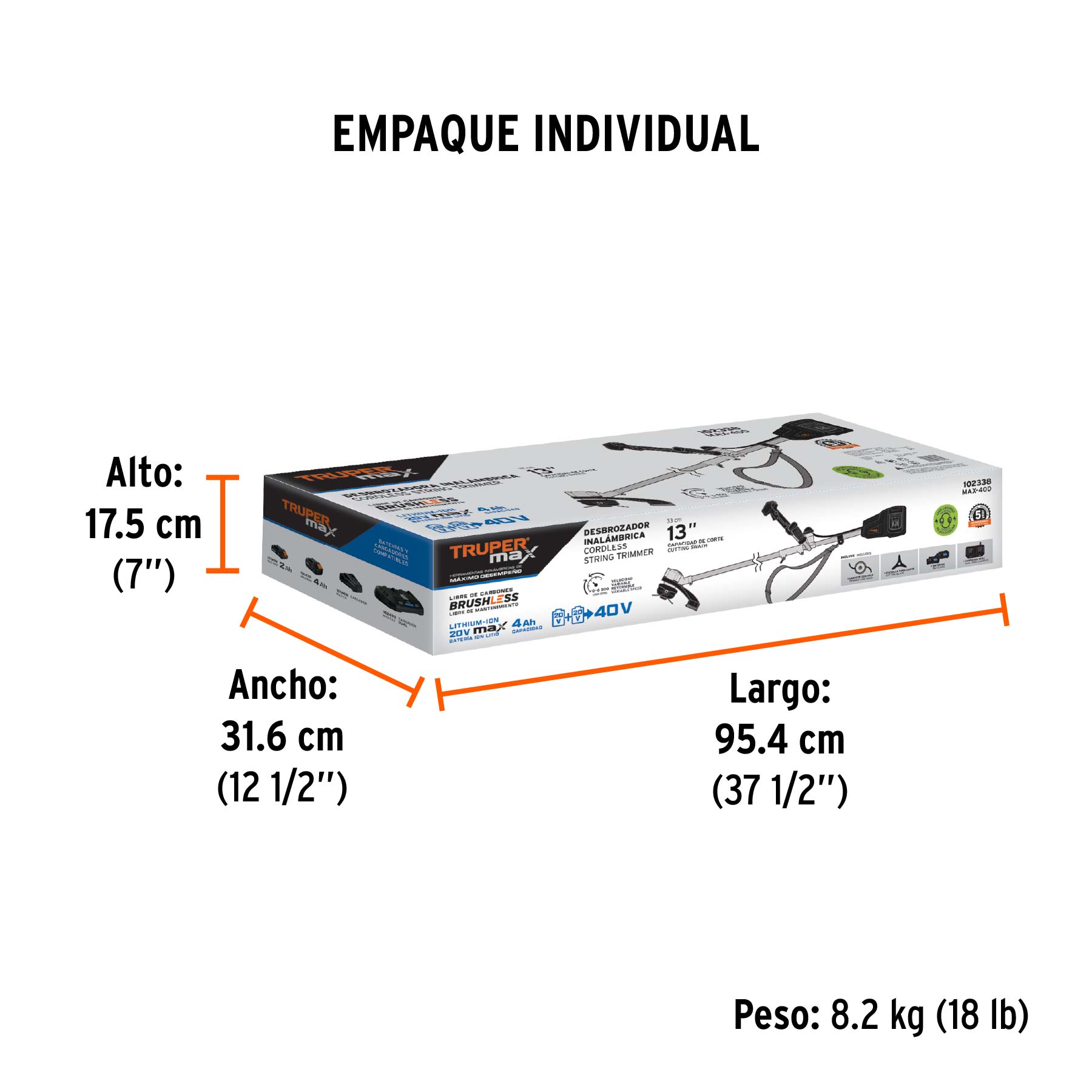Desbrozadora inalámbrica 40V, sin carbones, TRUPER MAX - Empaque