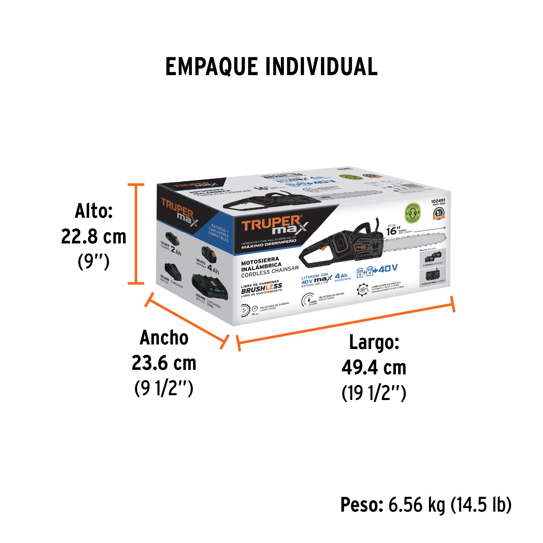 Motosierra inalámbrica 40V, sin carbones, TRUPER MAX - Empaque
