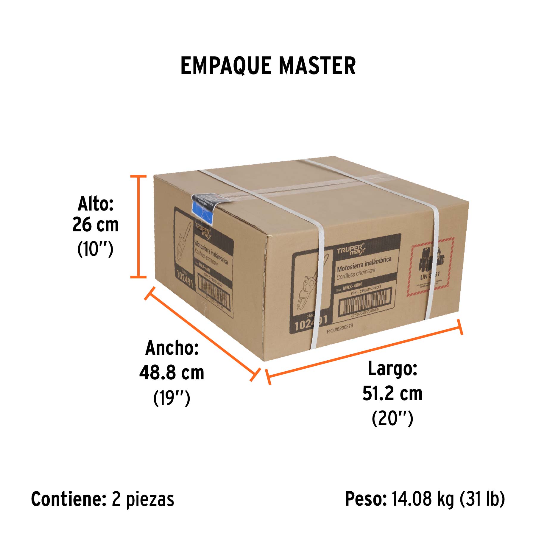 Motosierra inalámbrica 40V, sin carbones, TRUPER MAX - Empaque