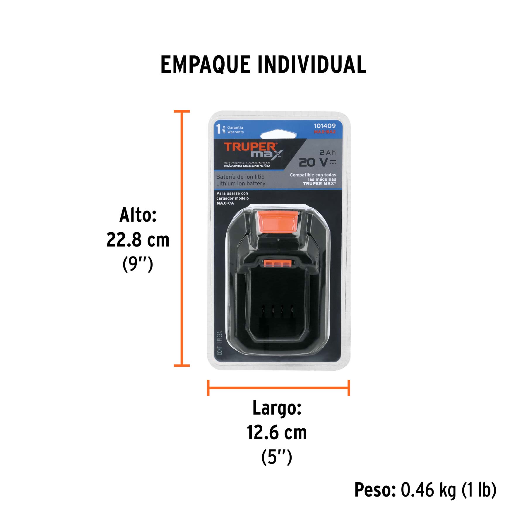 Batería ion litio, 20V, 2 Ah, TRUPER MAX - Empaque