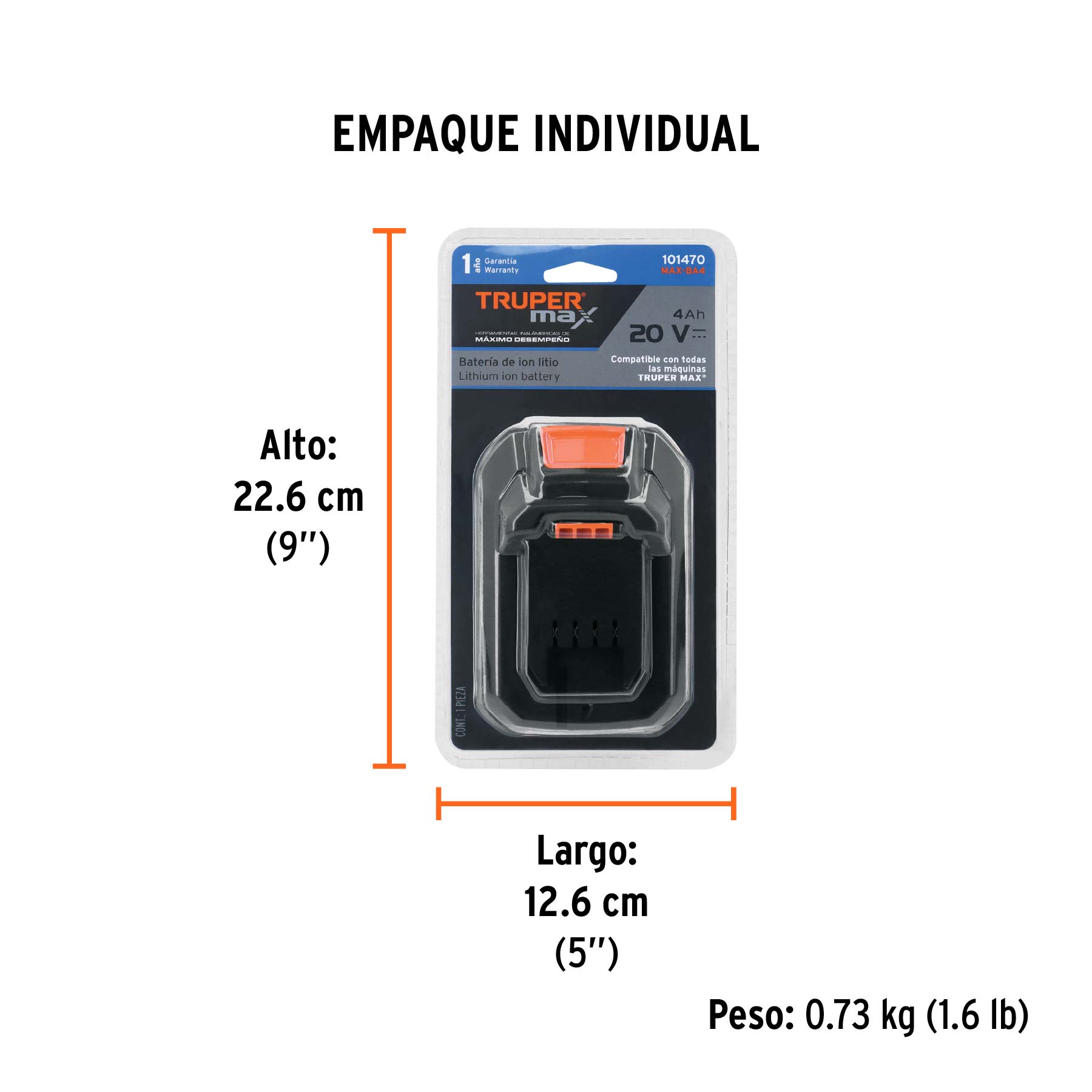 Batería ion litio, 20V, 4 Ah, TRUPER MAX - Empaque
