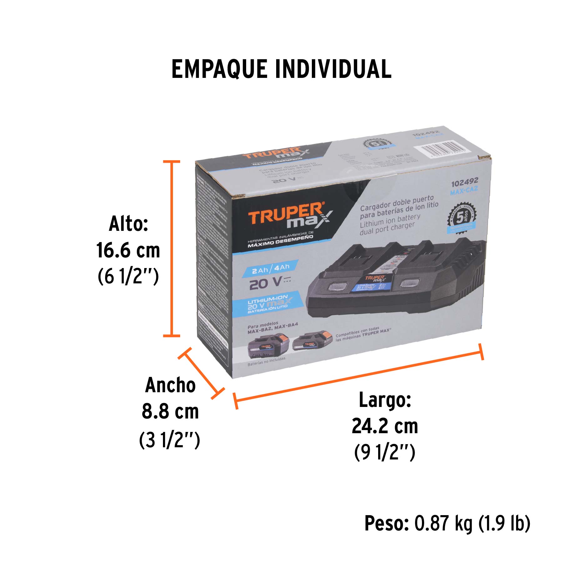 Cargador dual de baterías de ion litio 20V, TRUPER MAX - Empaque
