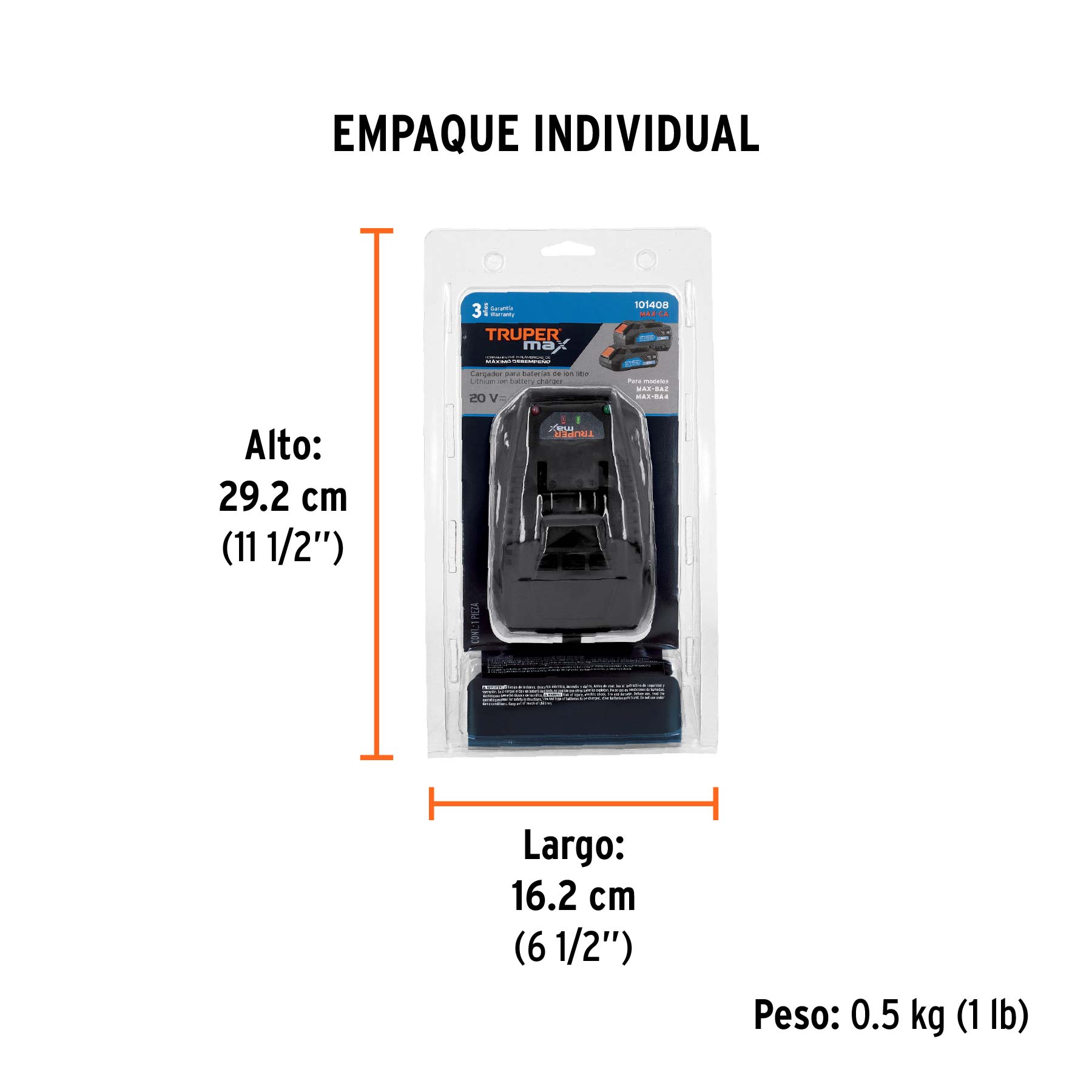 Cargador de baterías de ion litio 20V, TRUPER MAX - Empaque