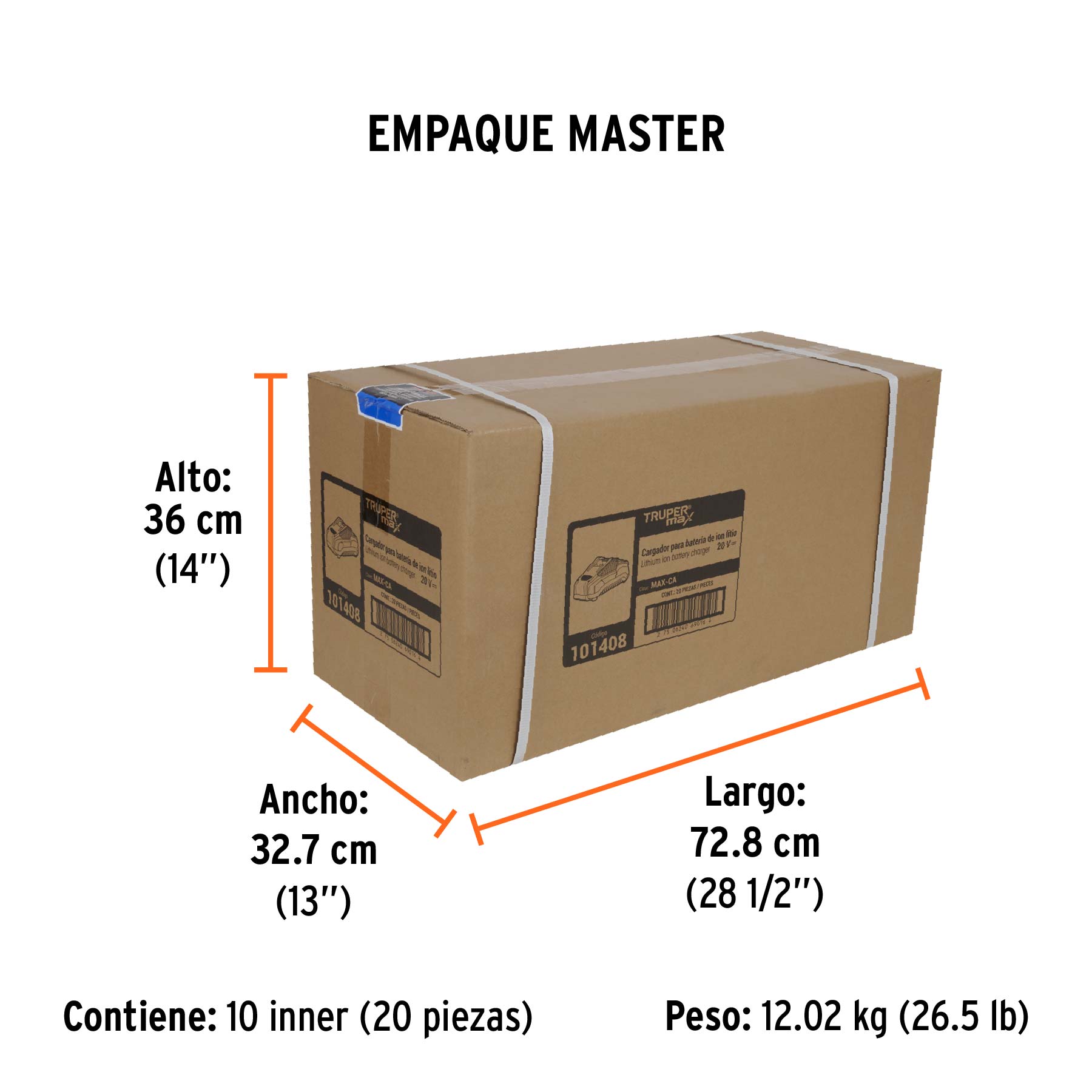 Cargador de baterías de ion litio 20V, TRUPER MAX - Empaque