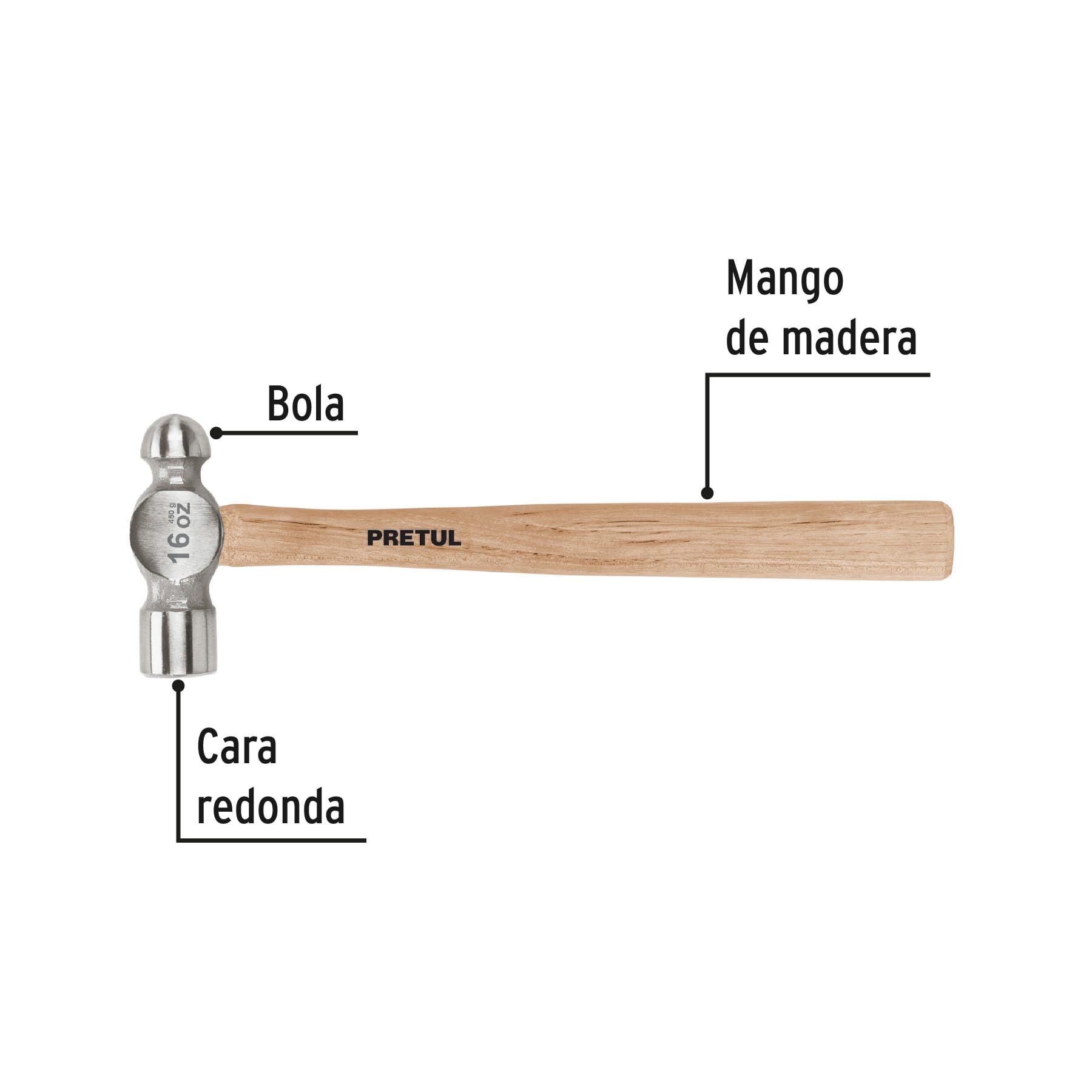 Martillo pulido de bola 16 oz mango madera, PRETUL