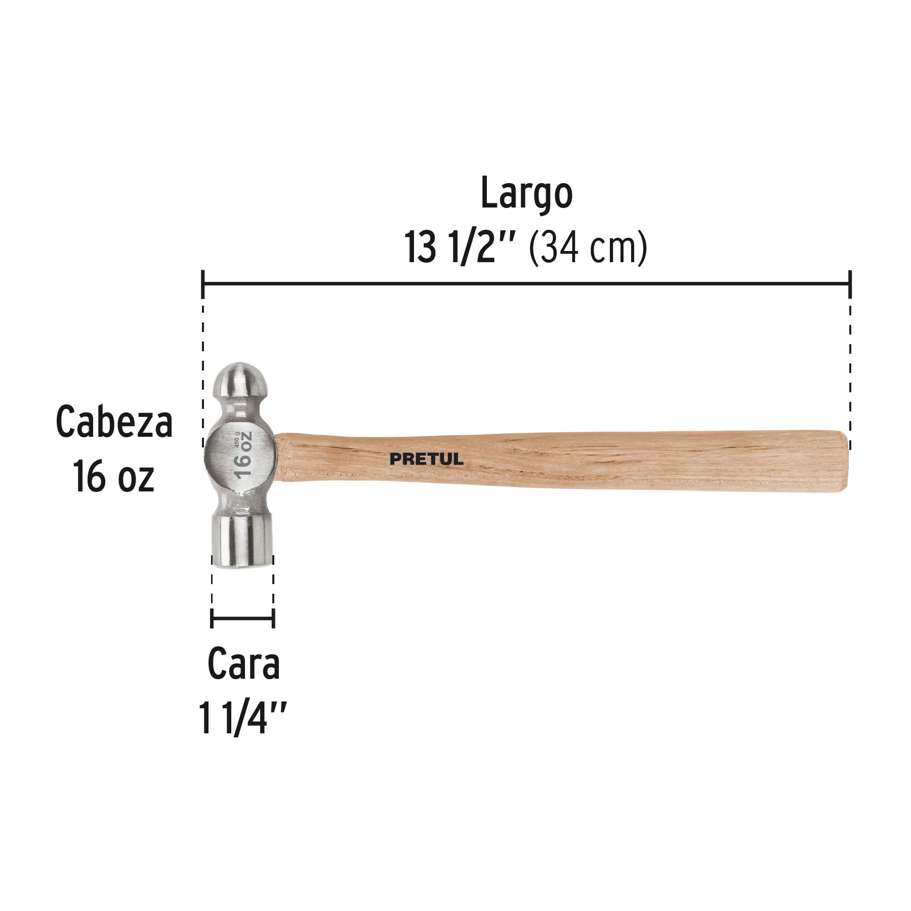 Martillo pulido de bola 16 oz mango madera, PRETUL
