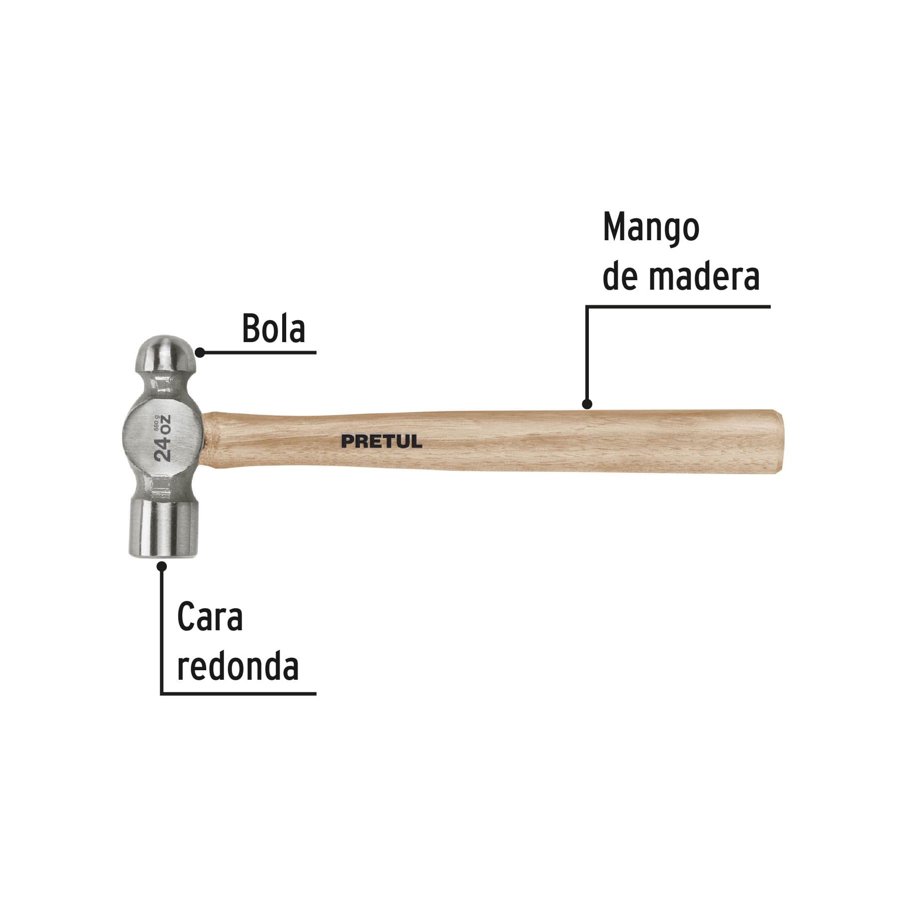 Martillo pulido de bola 24 oz mango madera, PRETUL