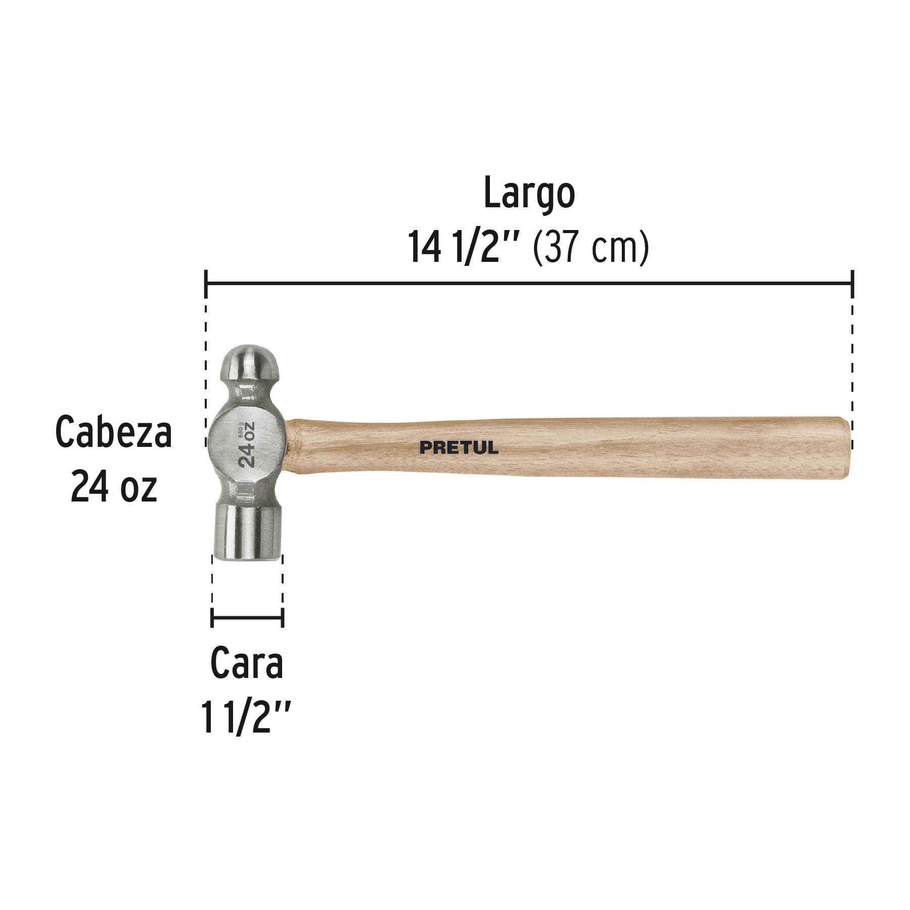 Martillo pulido de bola 24 oz mango madera, PRETUL