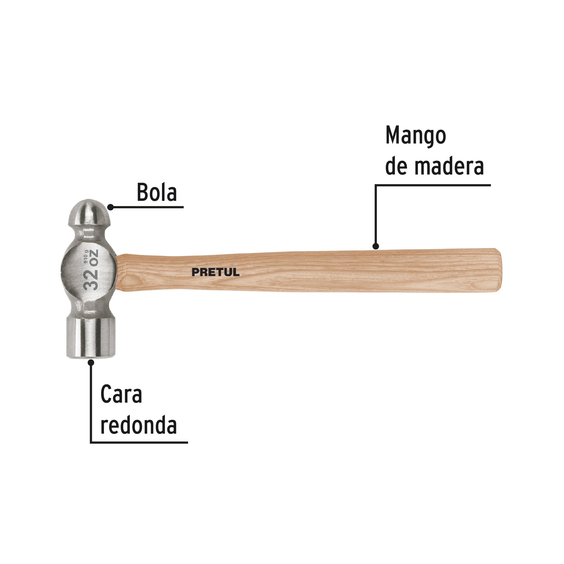 Martillo pulido de bola 32 oz mango madera, PRETUL