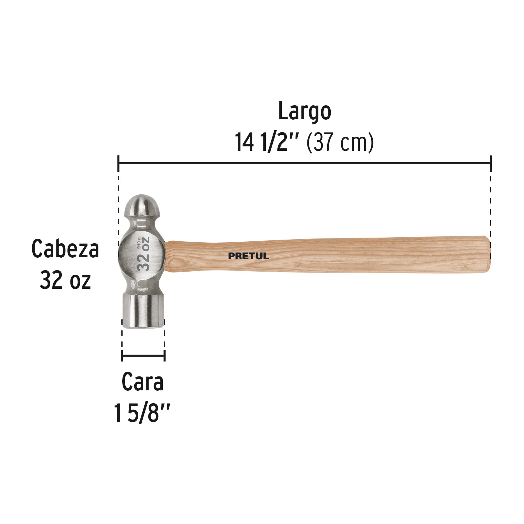 Martillo pulido de bola 32 oz mango madera, PRETUL