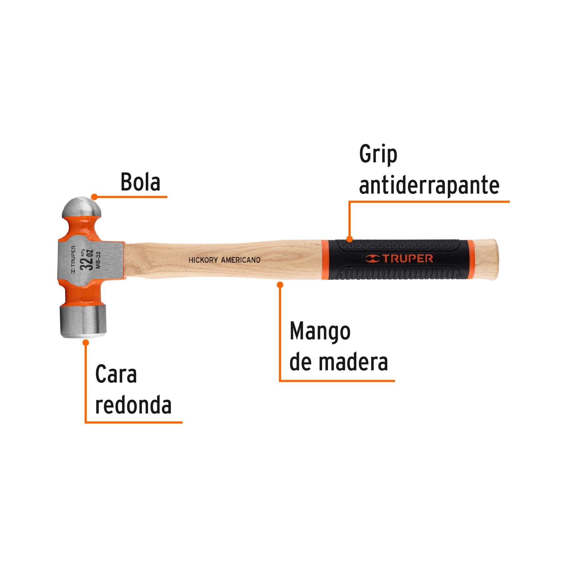 Martillo pulido de bola 32 oz mango hickory, TRUPER Grip