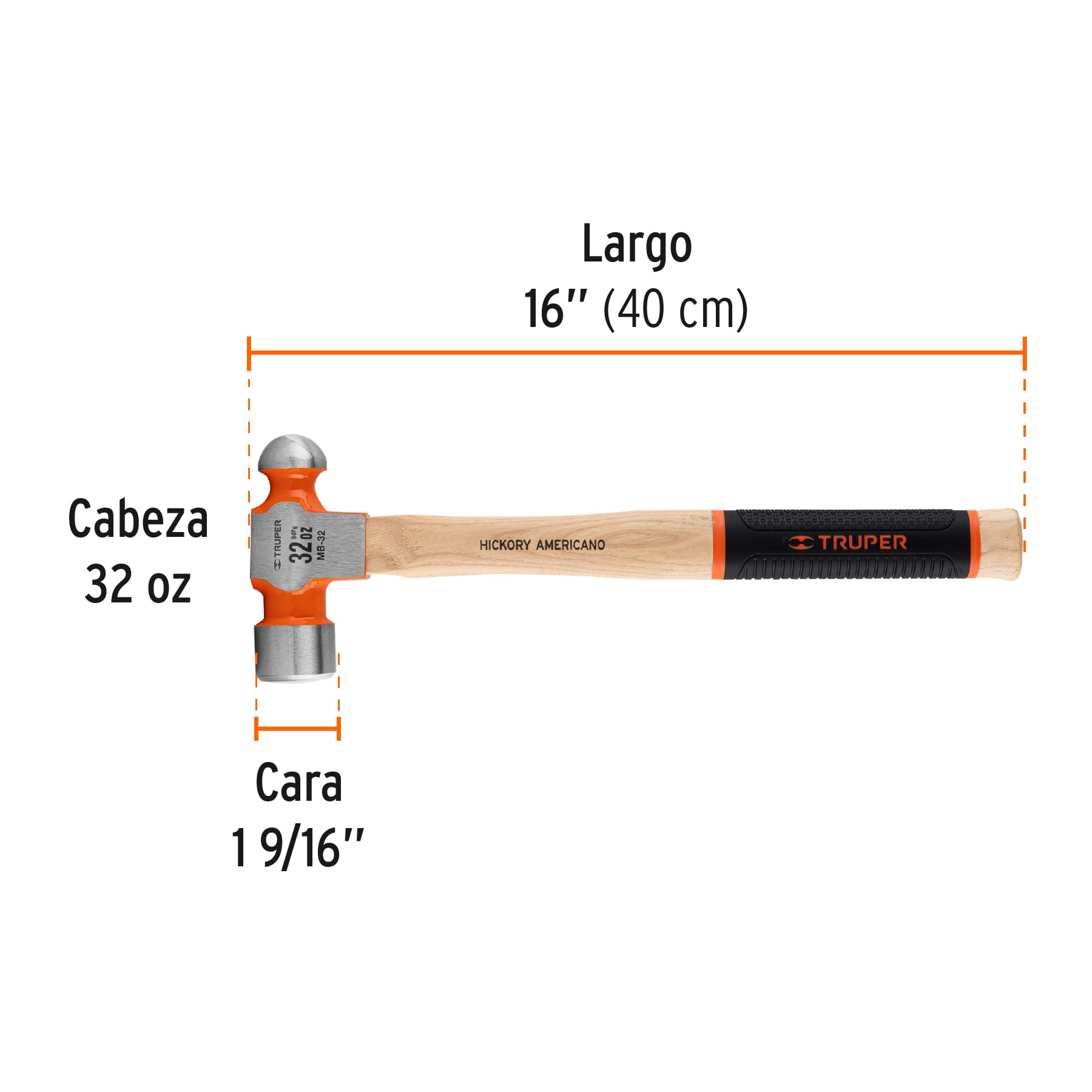 Martillo pulido de bola 32 oz mango hickory, TRUPER Grip