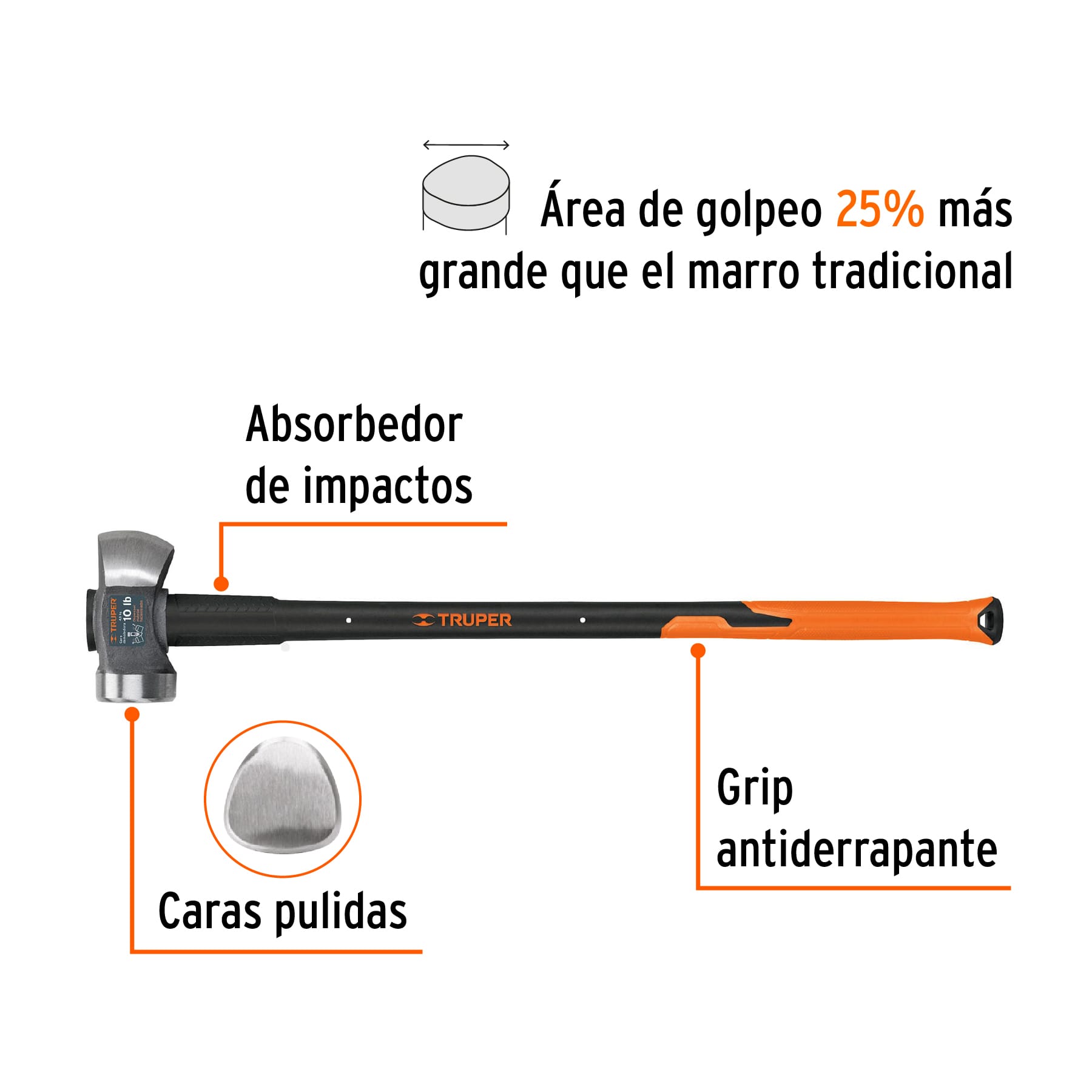 Marro demoledor 10 lb, mango fibra de vidrio 36", TRUPER