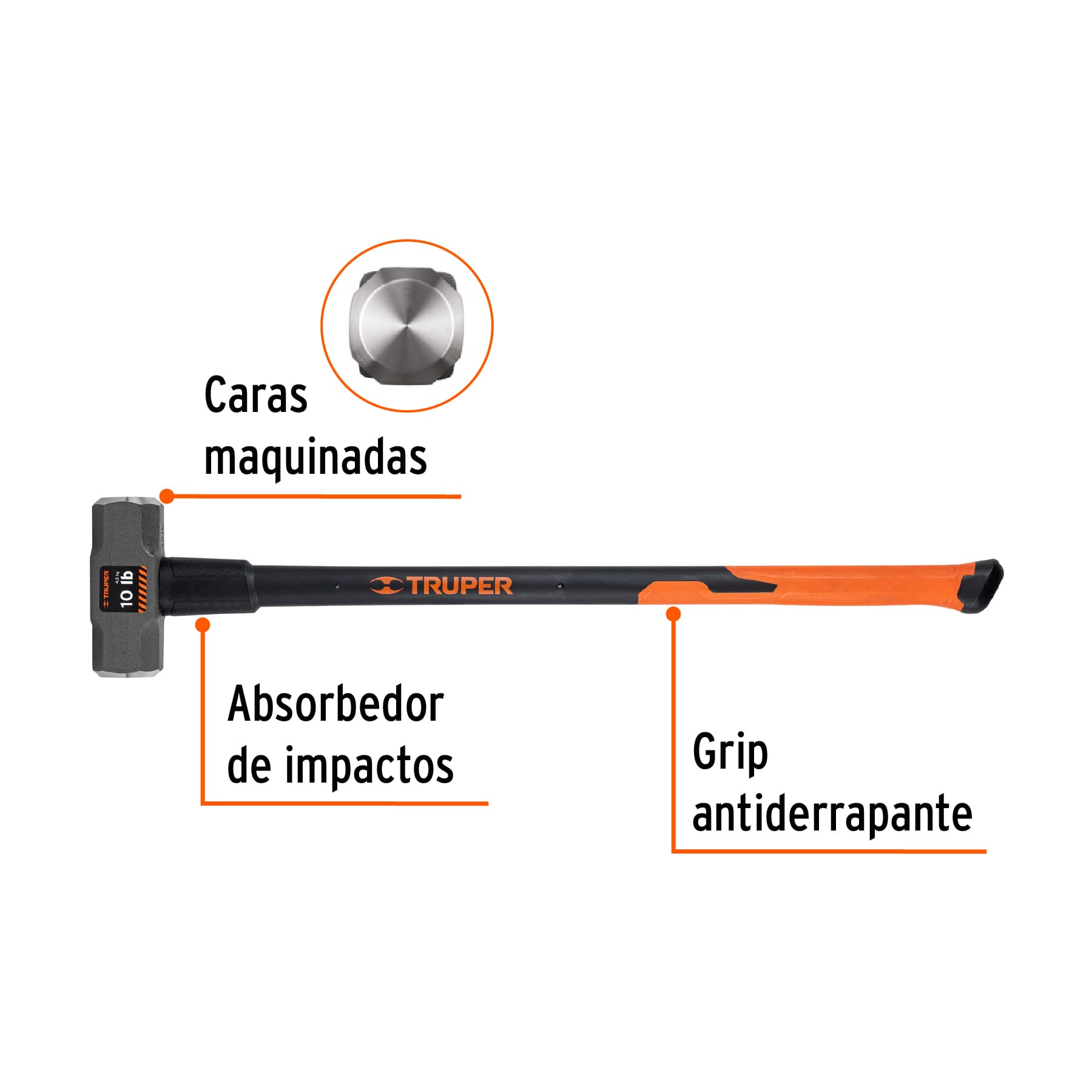 Marro octagonal 10 lb, mango fibra de vidrio 36", TRUPER