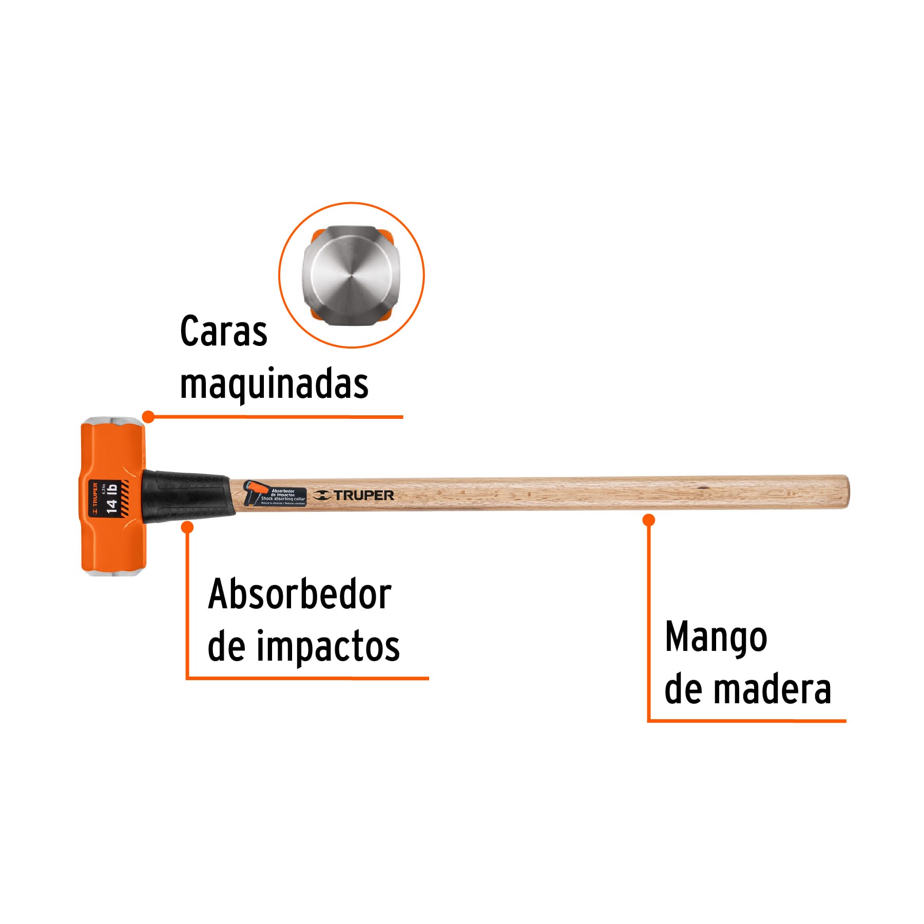 Marro octagonal 14 lb, mango de madera 36", TRUPER