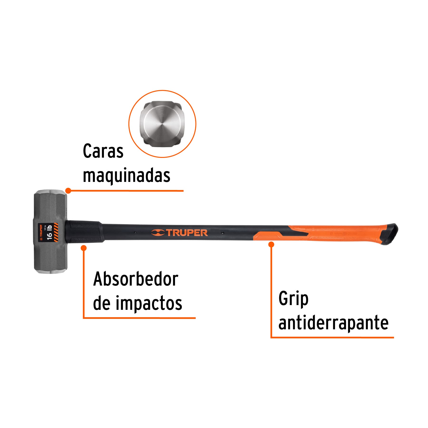 Marro octagonal 16 lb, mango fibra de vidrio 36", TRUPER