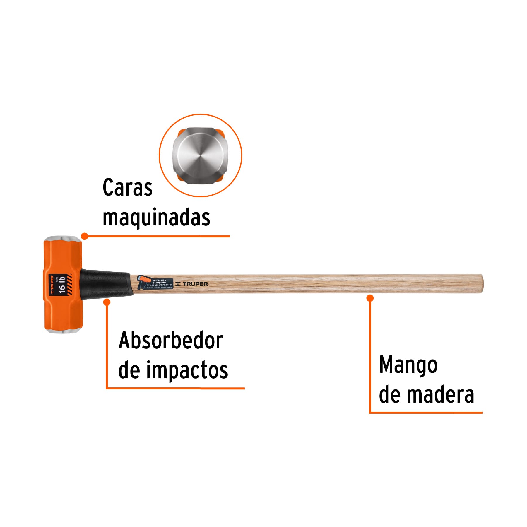 Marro octagonal 16 lb, mango de madera 36", TRUPER