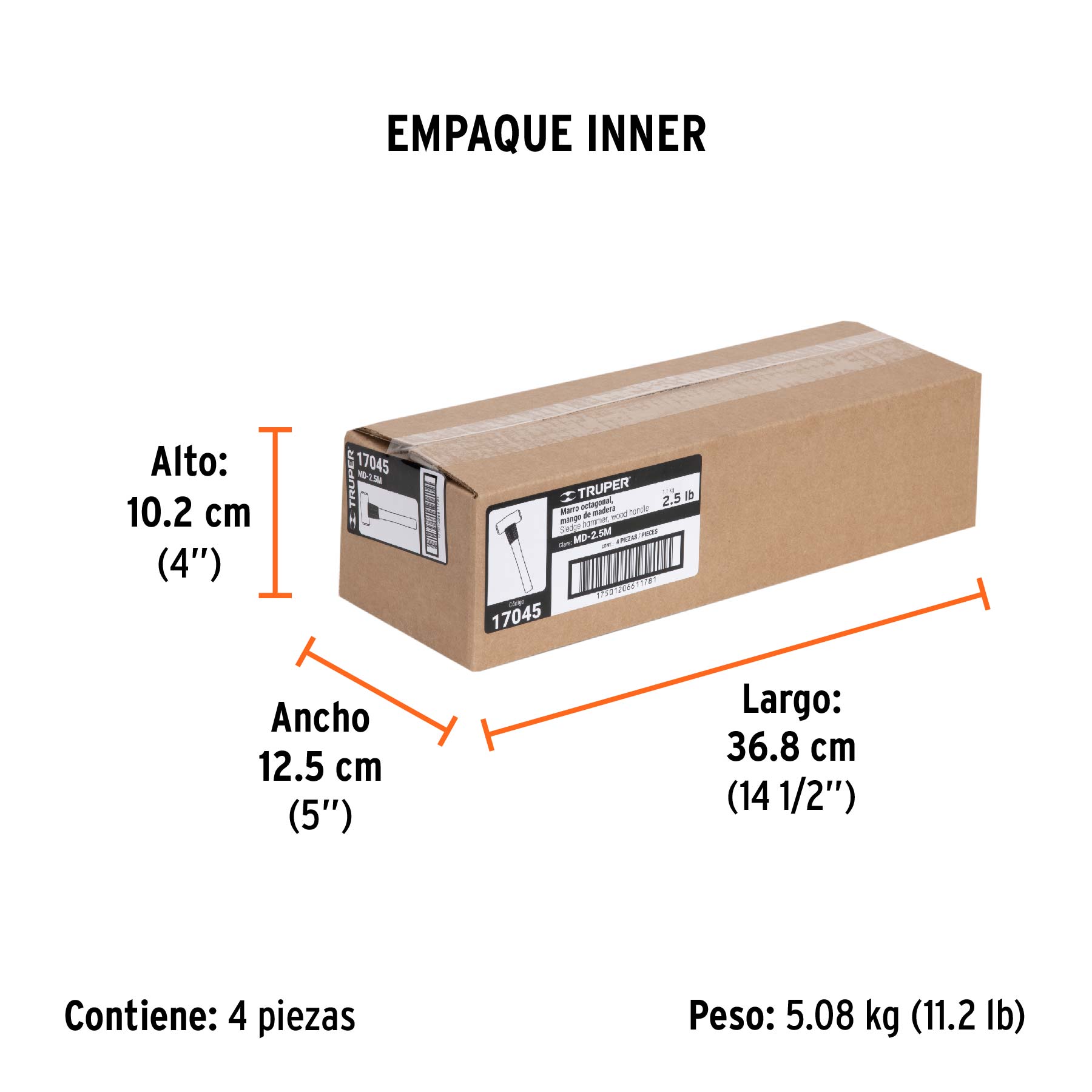 Marro octagonal 2.5 lb, mango de madera 12", TRUPER - Empaque