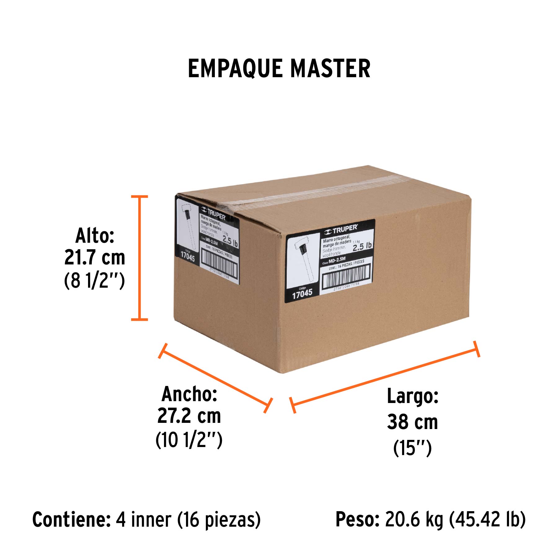Marro octagonal 2.5 lb, mango de madera 12", TRUPER - Empaque