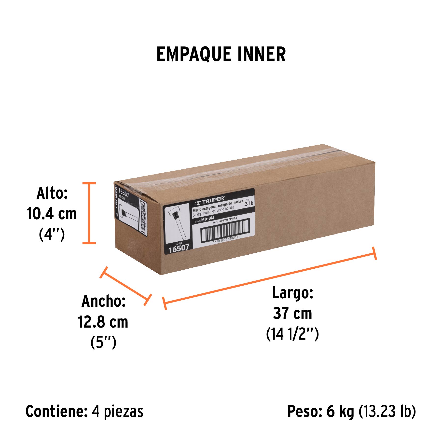Marro octagonal 3 lb, mango de madera 12", TRUPER - Empaque