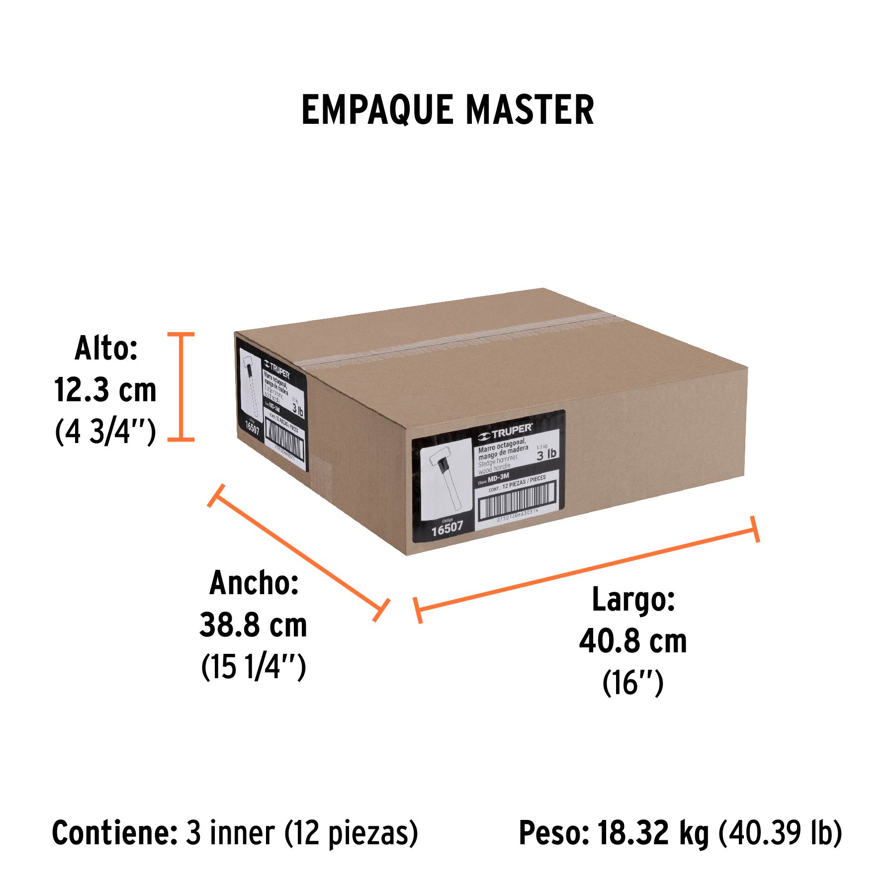 Marro octagonal 3 lb, mango de madera 12", TRUPER - Empaque